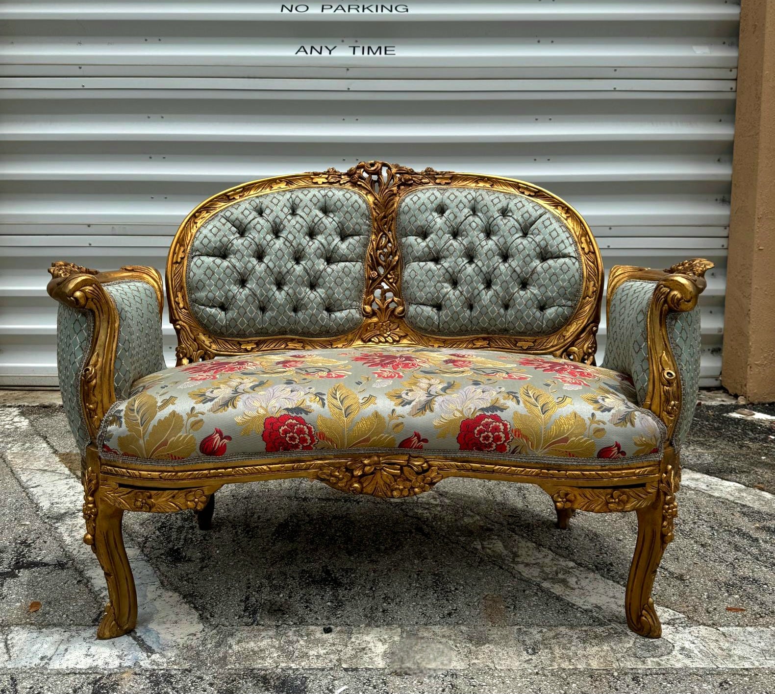 French Rococo Baroque Sofa Hand-Carved Sky Blue with Gold Leaf Details