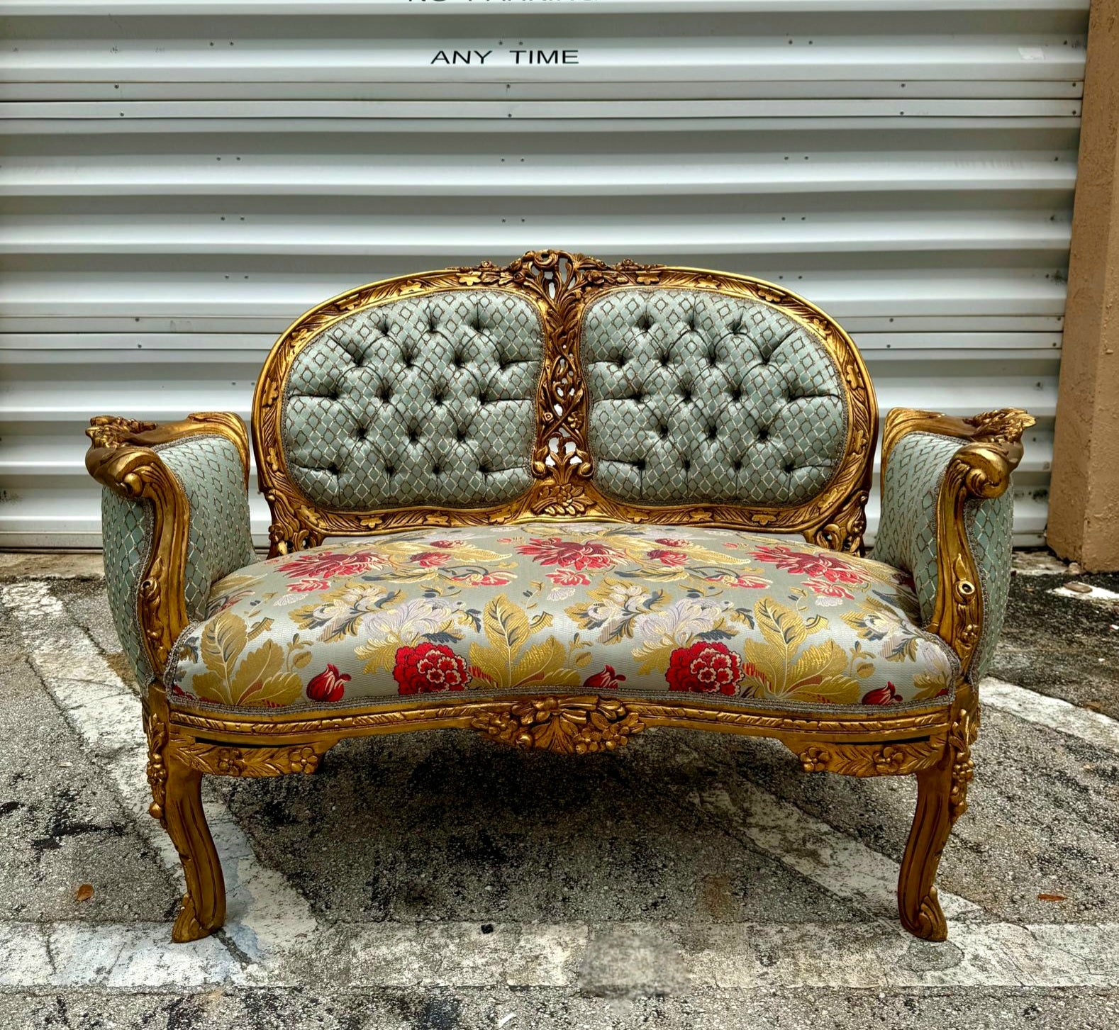 French Rococo Baroque Sofa Hand-Carved Sky Blue with Gold Leaf Details