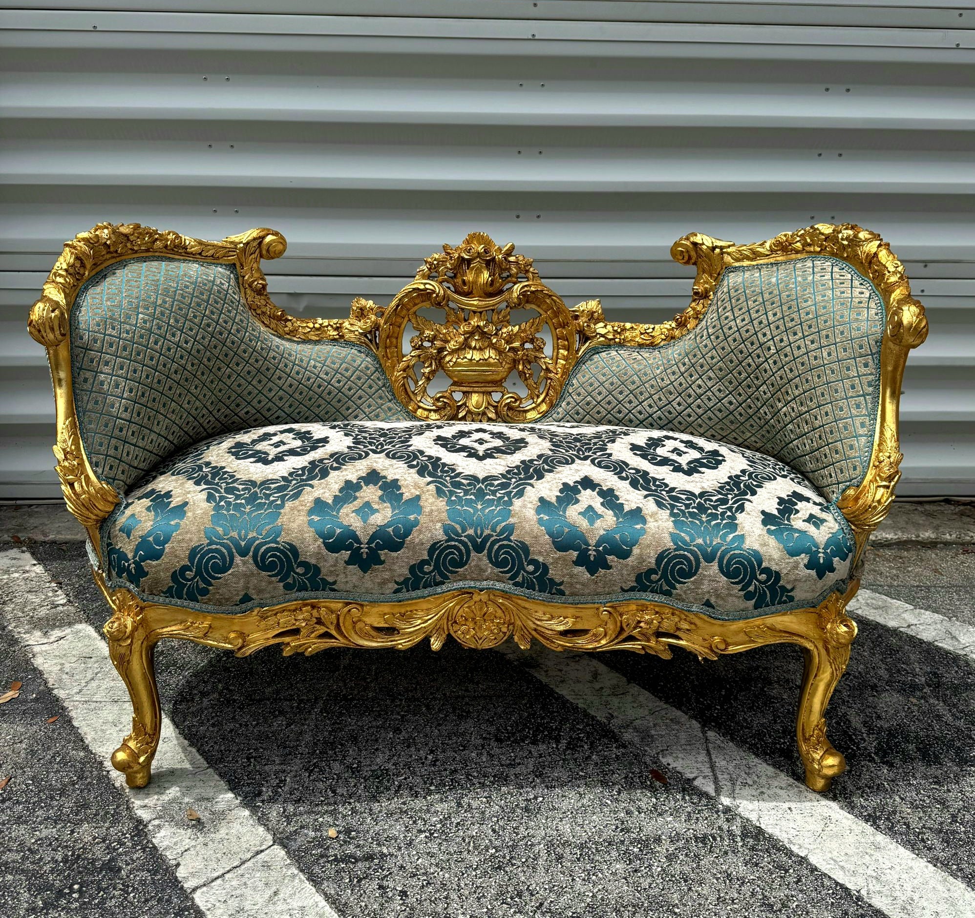 French Style Small Settee Gold Leaf Details Blue Damask Fabric