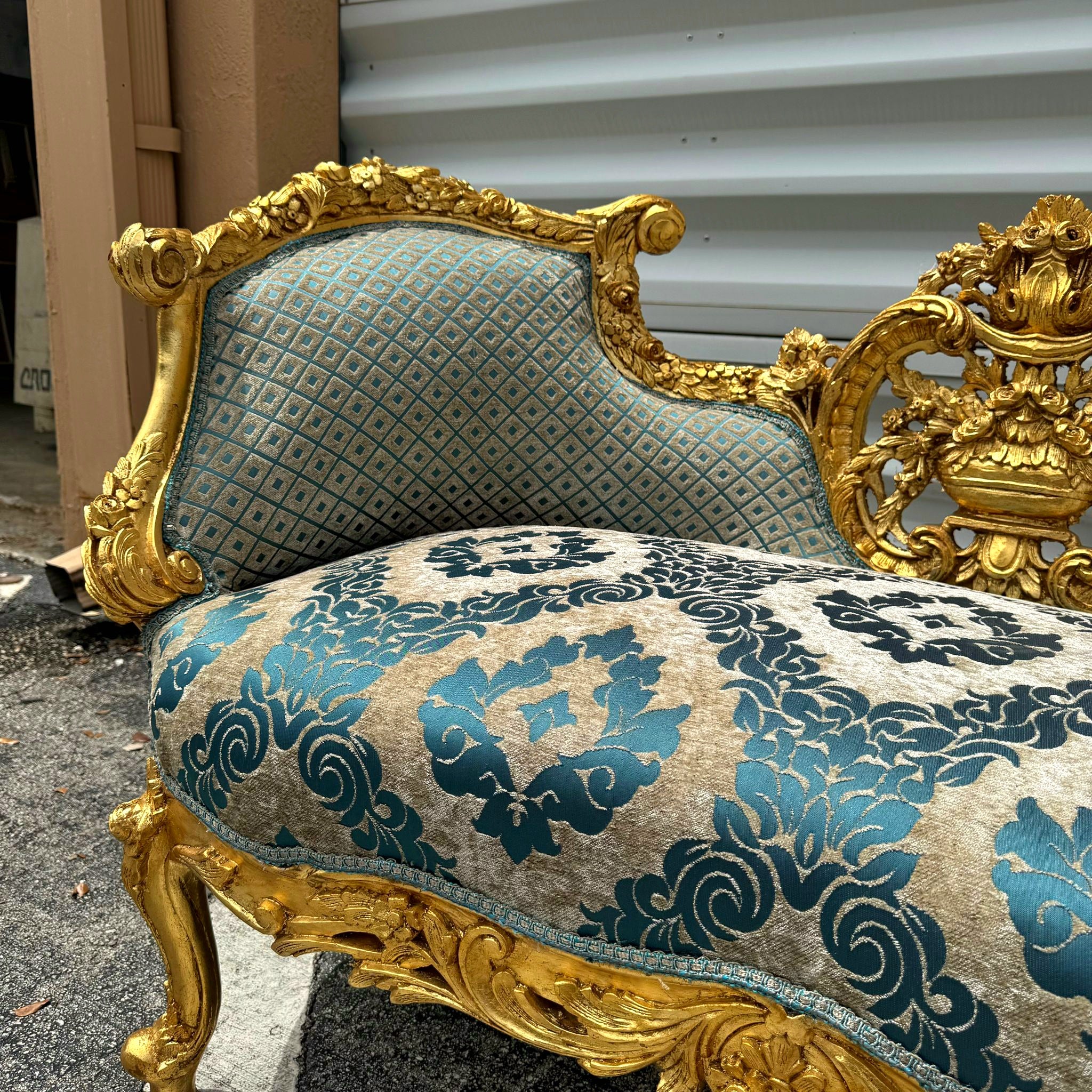 French Style Small Settee Gold Leaf Details Blue Damask Fabric
