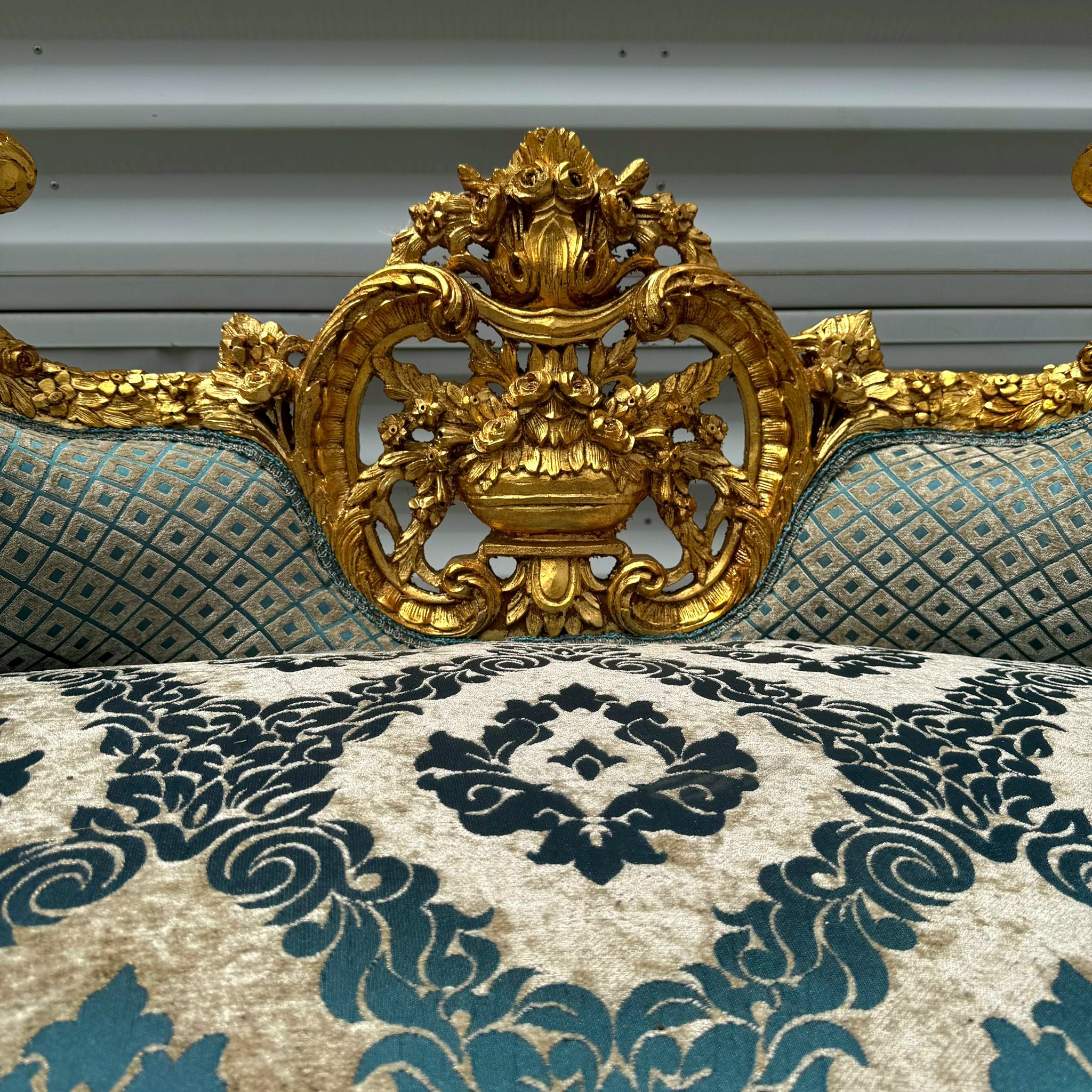 French Style Small Settee Gold Leaf Details Blue Damask Fabric