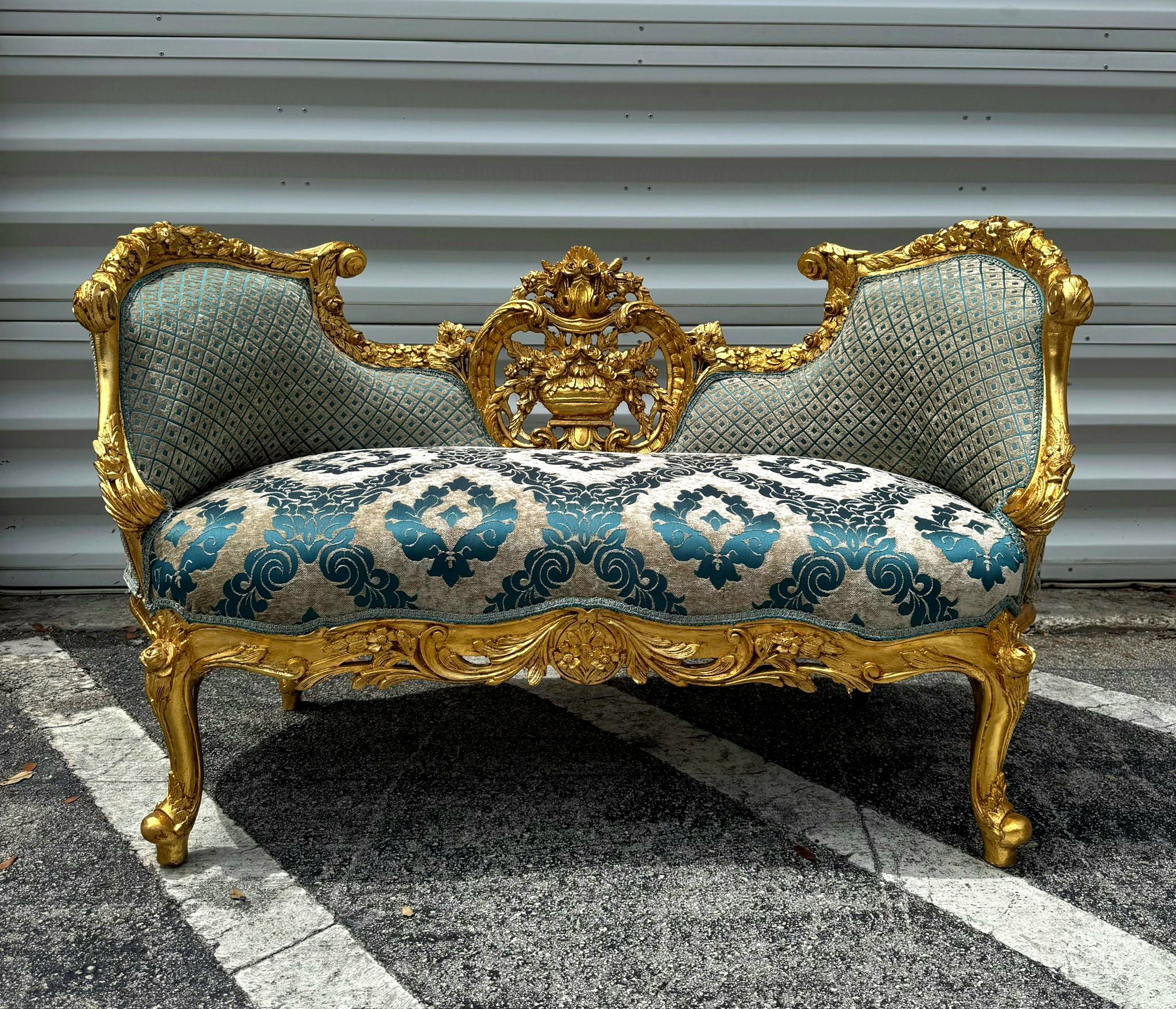 French Style Small Settee Gold Leaf Details Blue Damask Fabric
