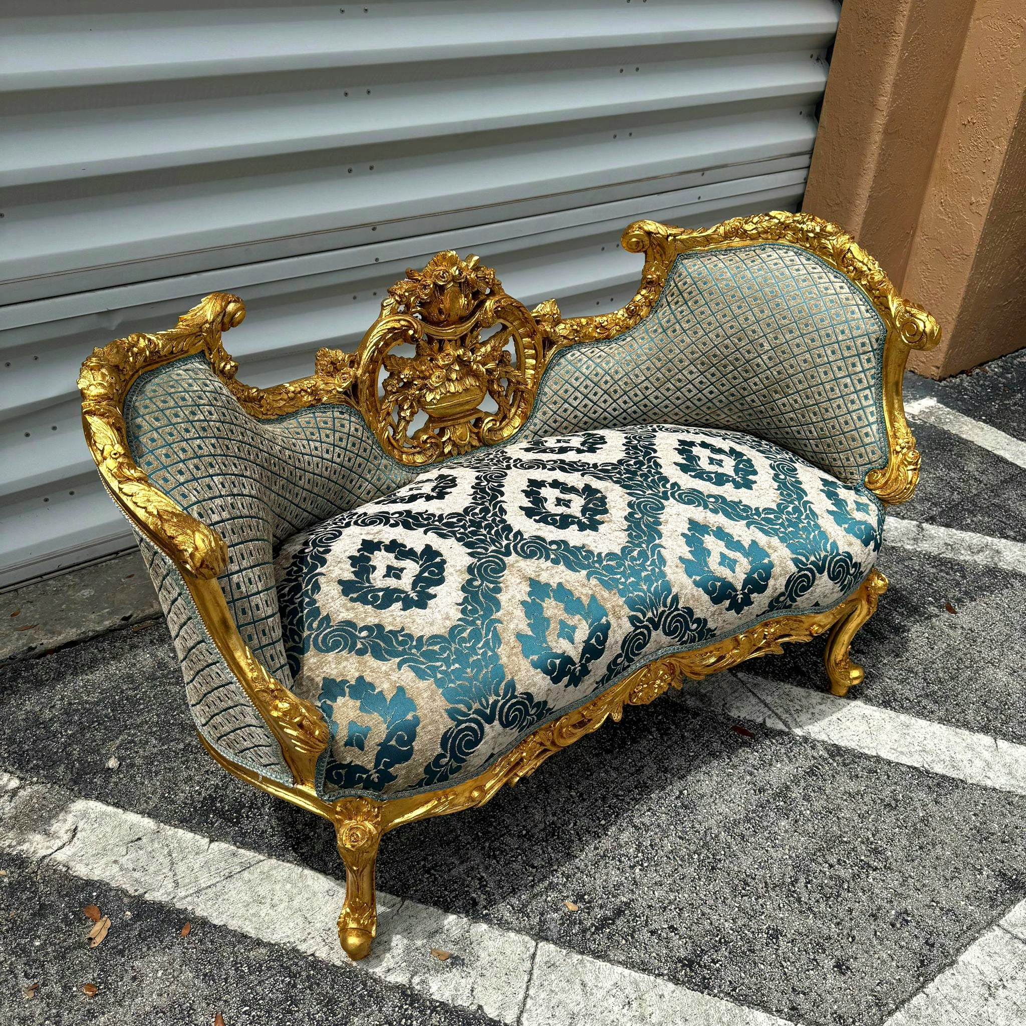 French Style Small Settee Gold Leaf Details Blue Damask Fabric