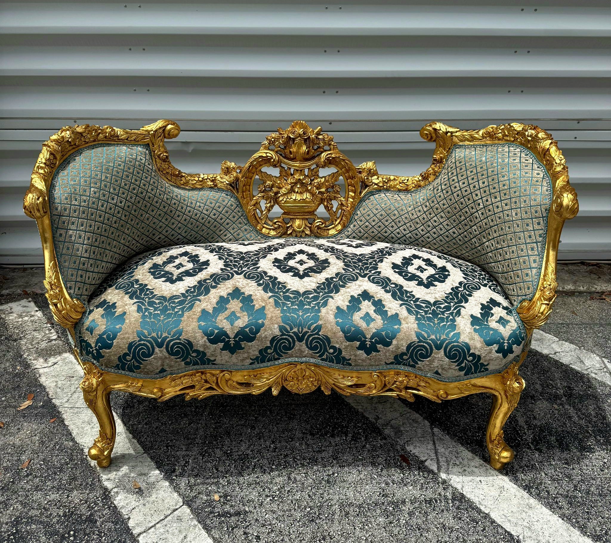 French Style Small Settee Gold Leaf Details Blue Damask Fabric