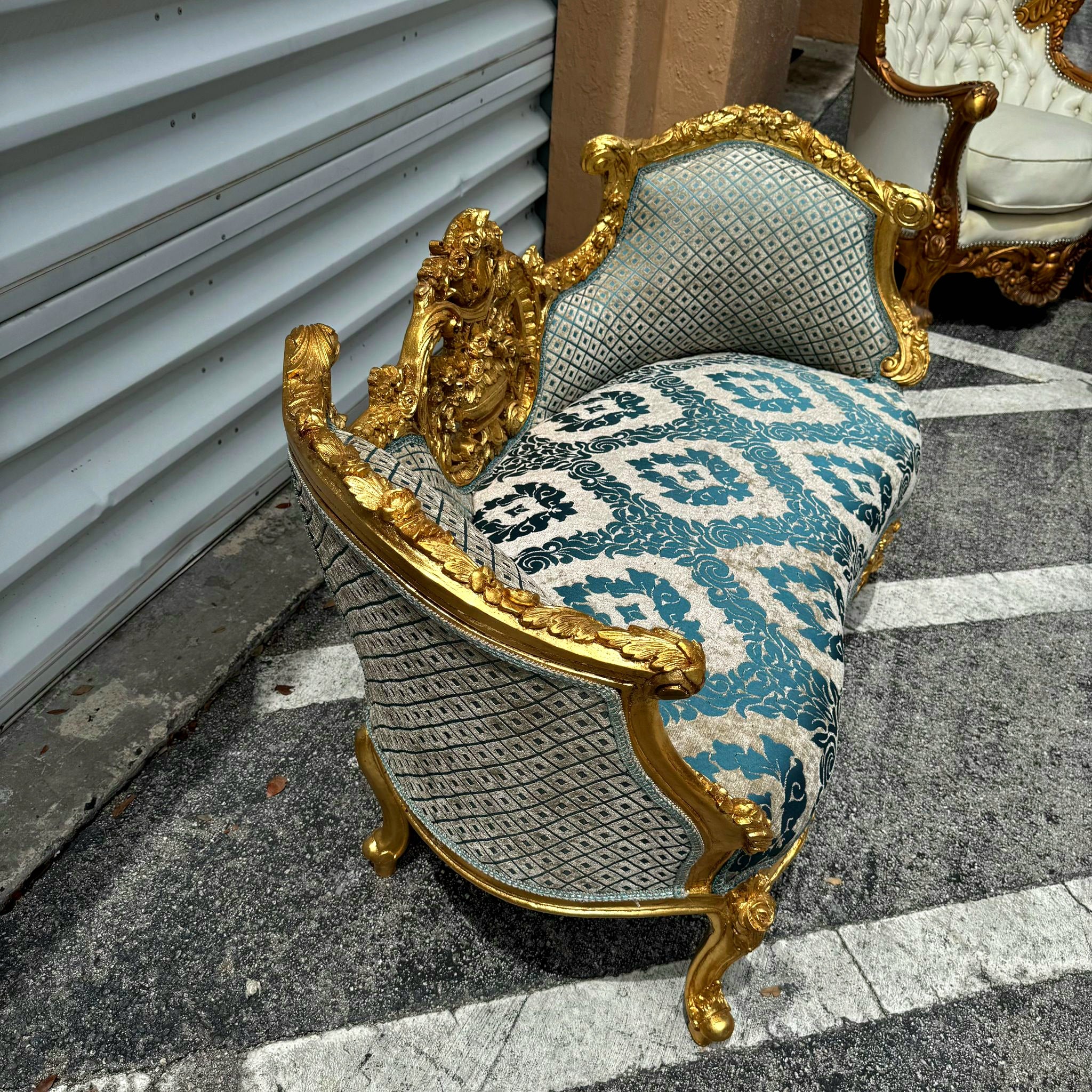 French Style Small Settee Gold Leaf Details Blue Damask Fabric
