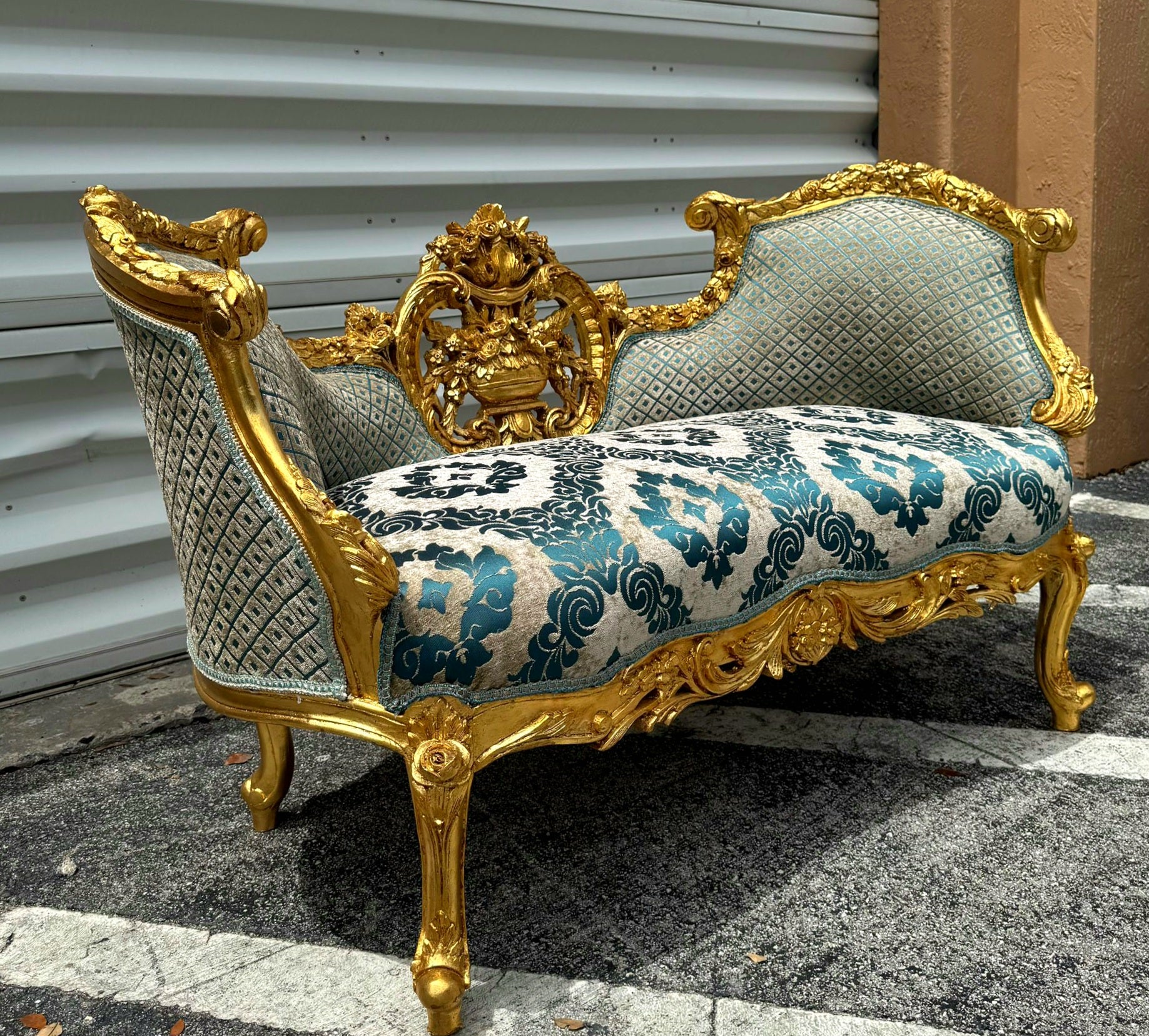 French Style Small Settee Gold Leaf Details Blue Damask Fabric