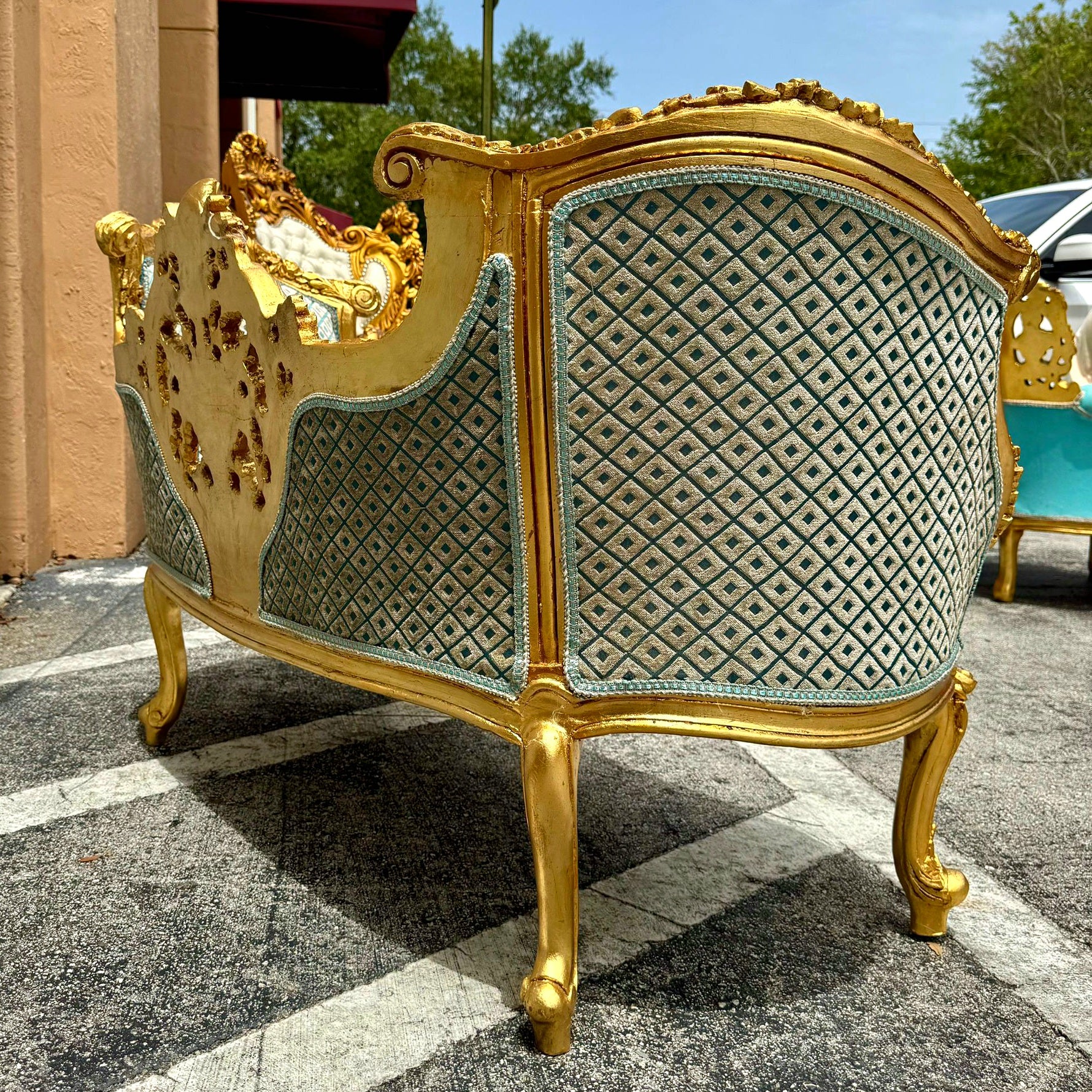French Style Small Settee Gold Leaf Details Blue Damask Fabric
