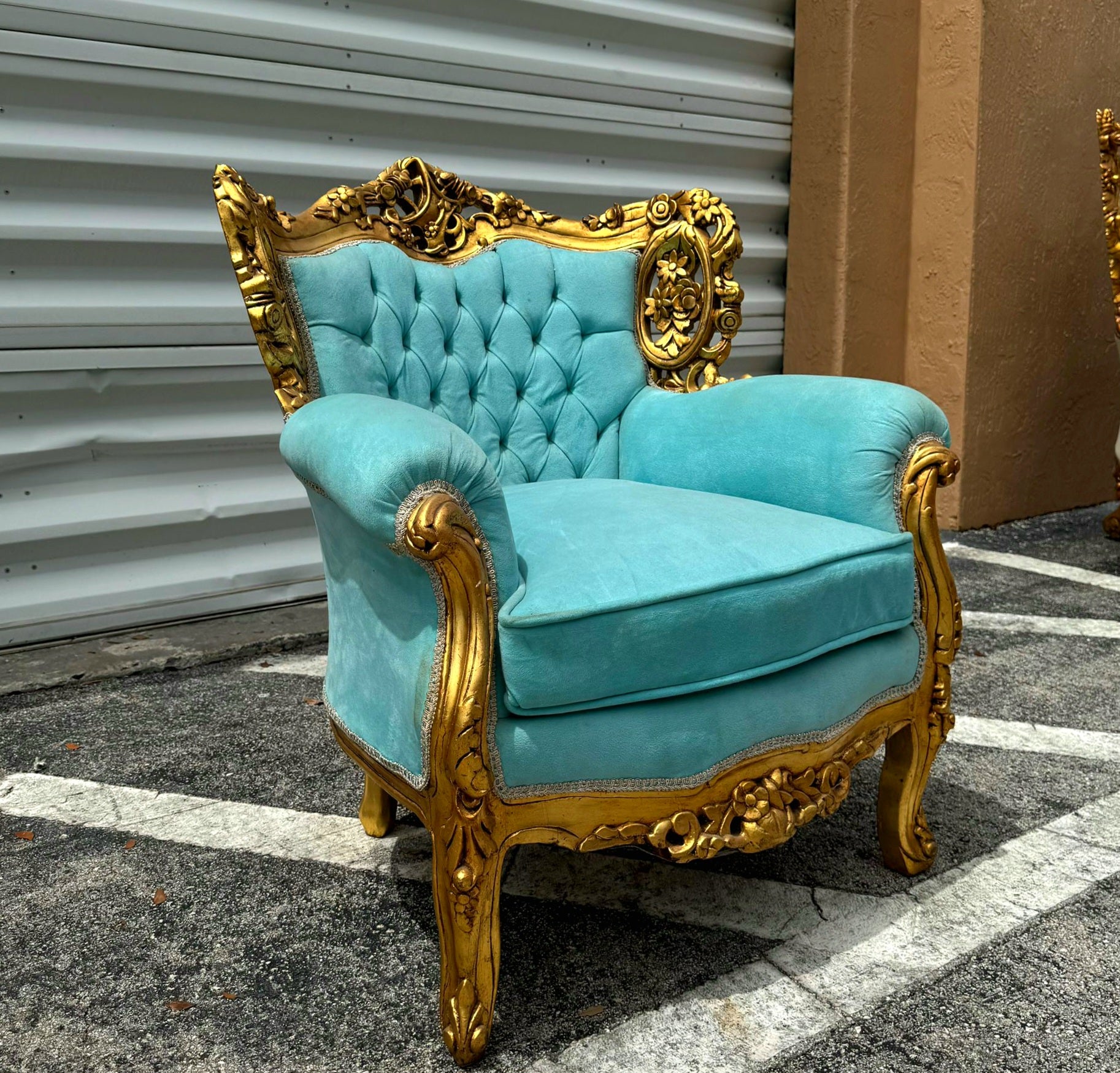 Rococo Style Velvet Chair with Gold Leaf Frame Details Furniture