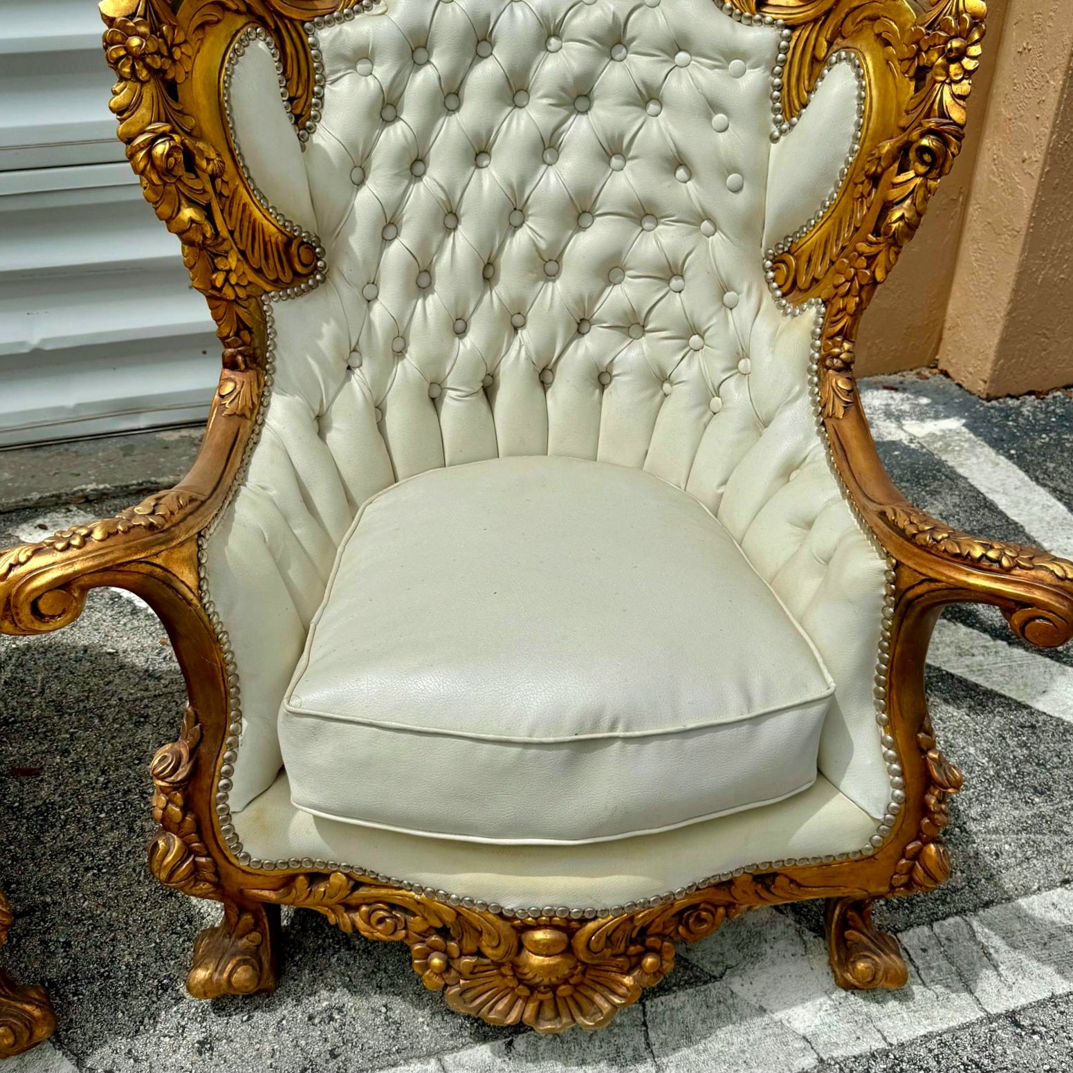 Baroque Style King Size Off-White Leather Chair with Gold Leaf Frame Details