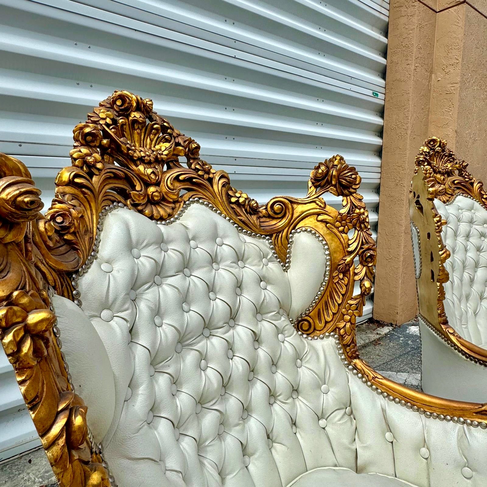 Baroque Style King Size Off-White Leather Chair with Gold Leaf Frame Details
