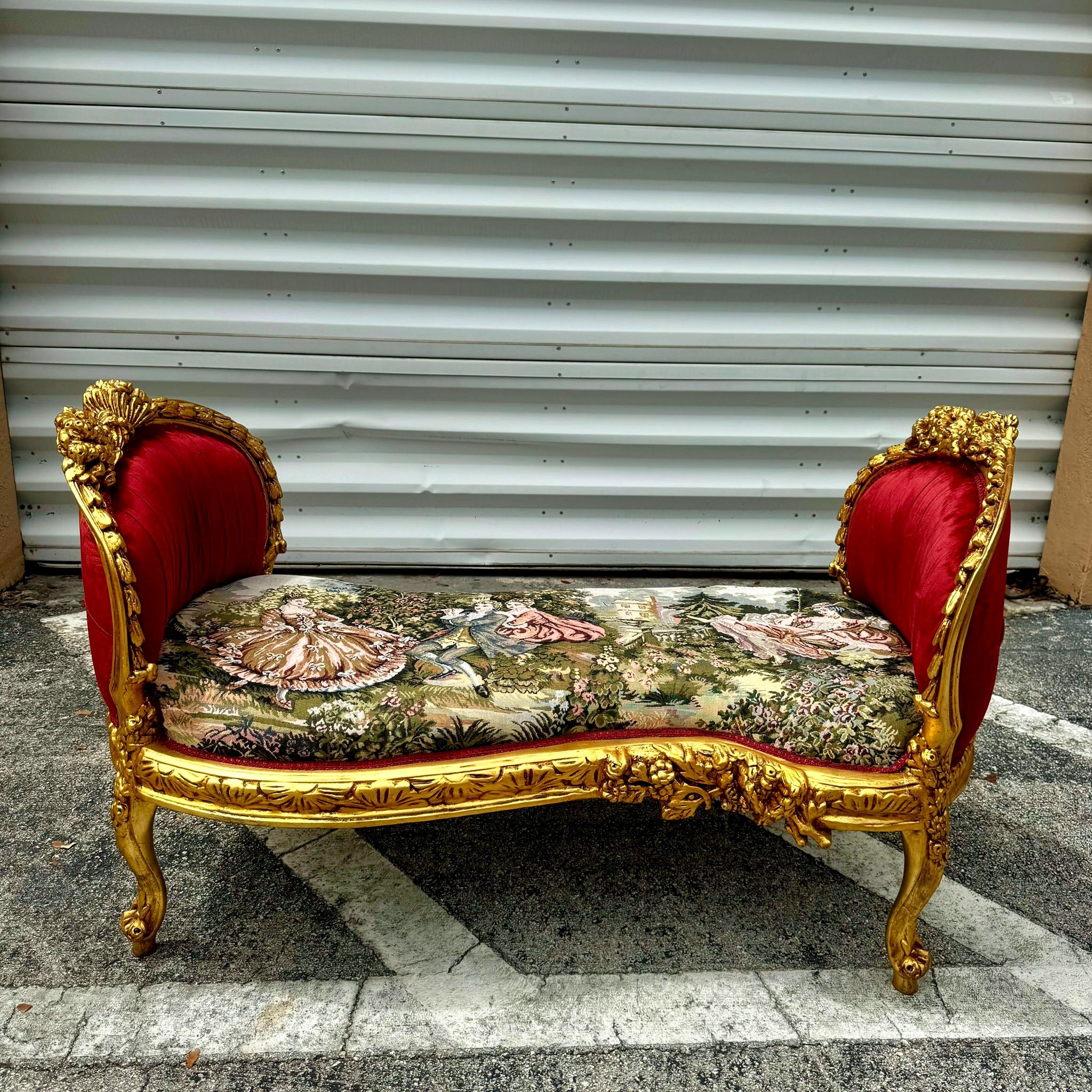 Red Velvet Tufted French Marquis Bench with Artistic Fabric Accents