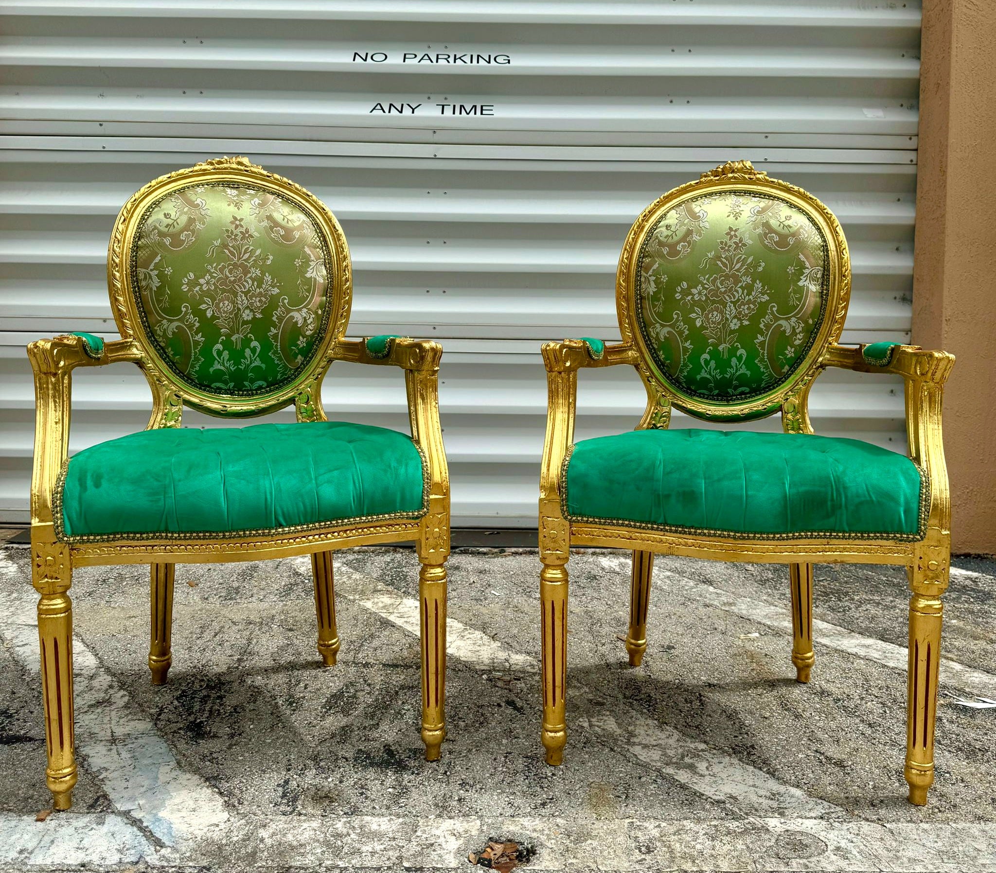 French Style Green Velvet Chair with Gold Details Rococo Baroque