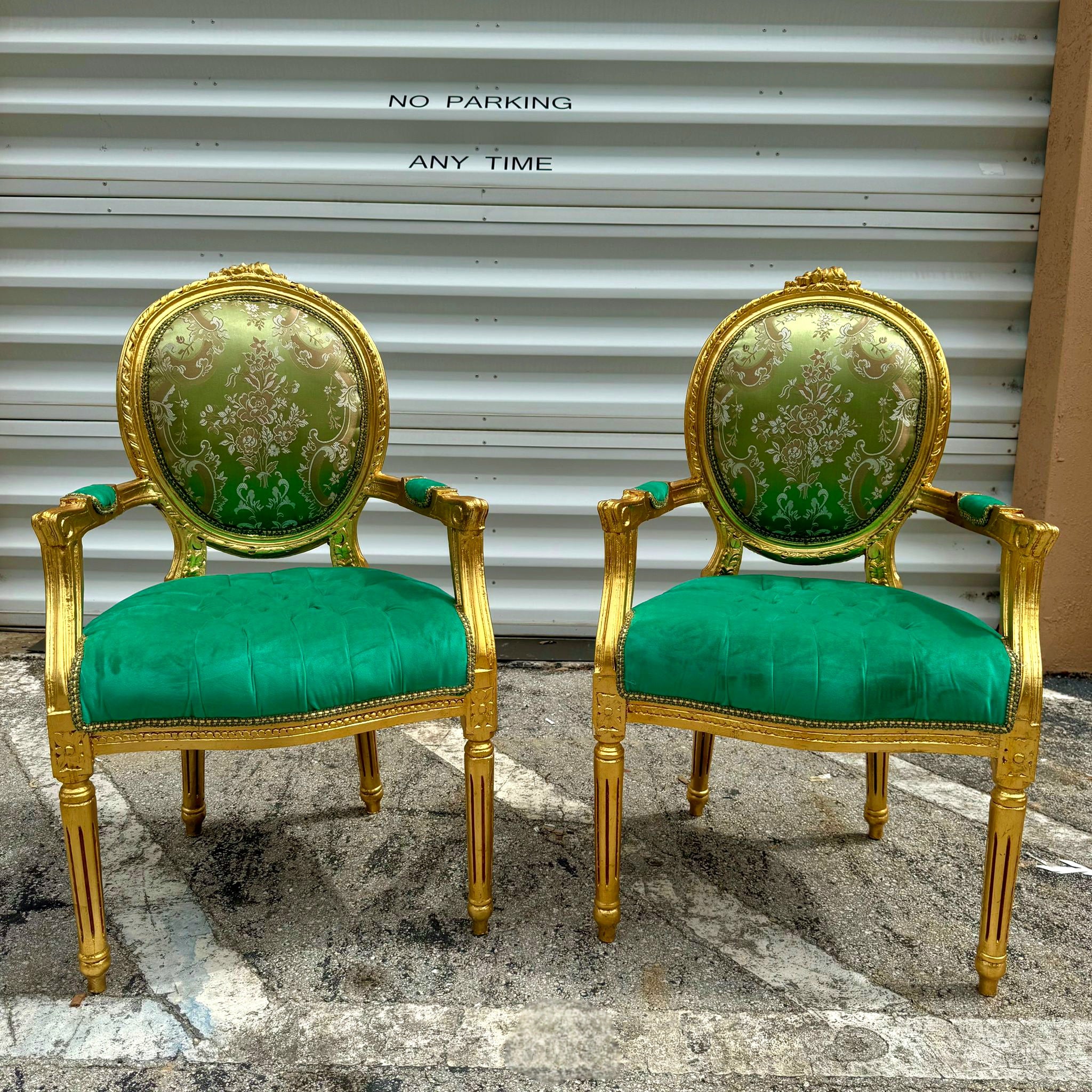 French Style Green Velvet Chair with Gold Details Rococo Baroque