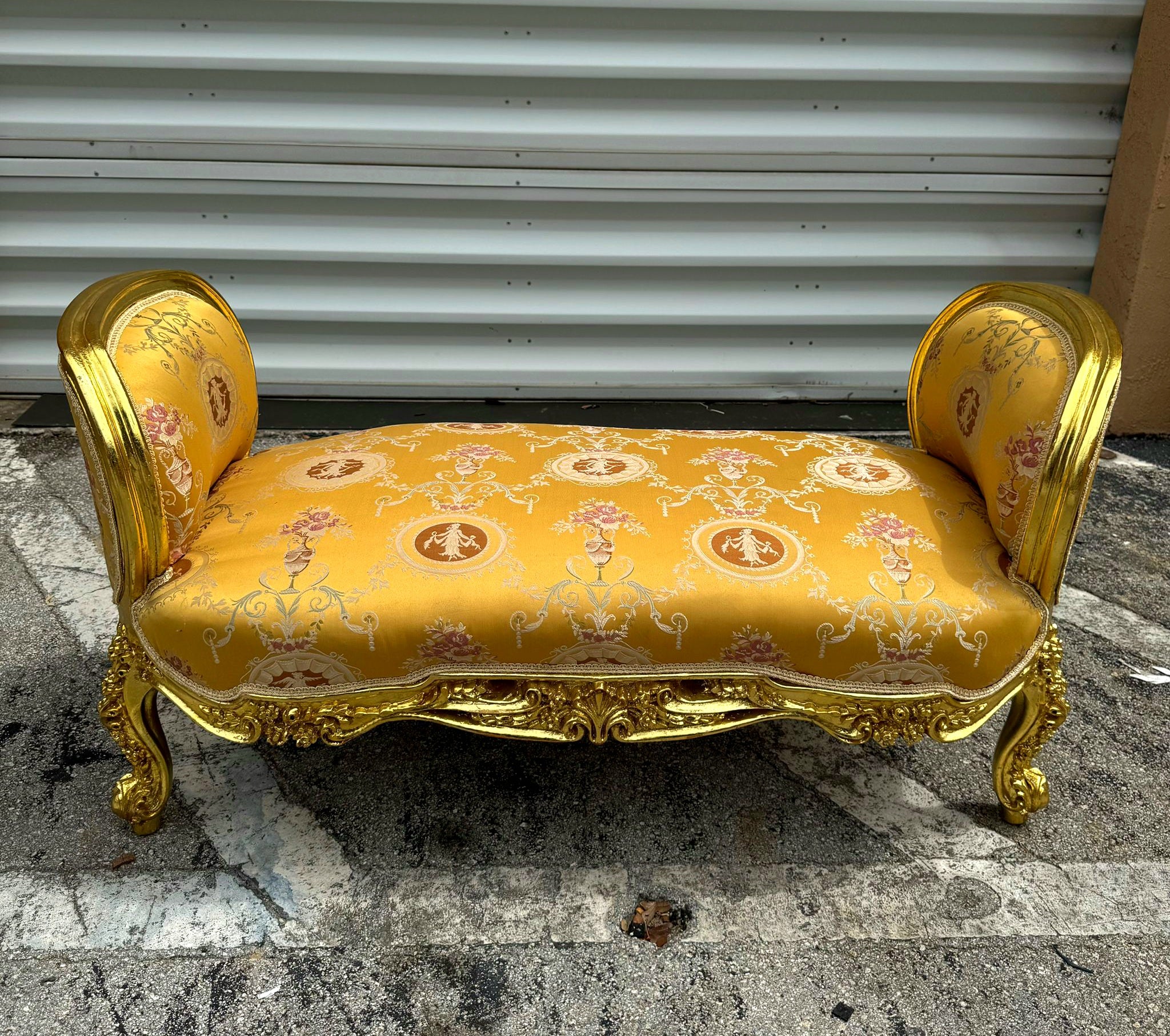 Marquis Bench French Style Yellow Damask Gold Details Interior Design Furniture