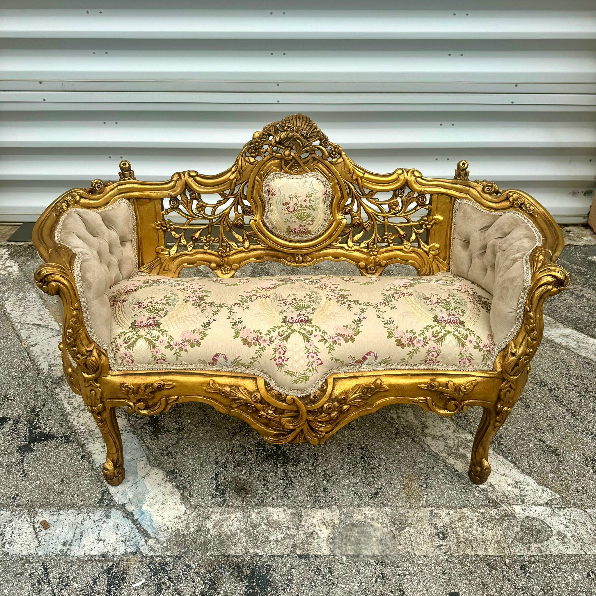French Style Settee/Sofa Gold Leaf Details Damask Fabric