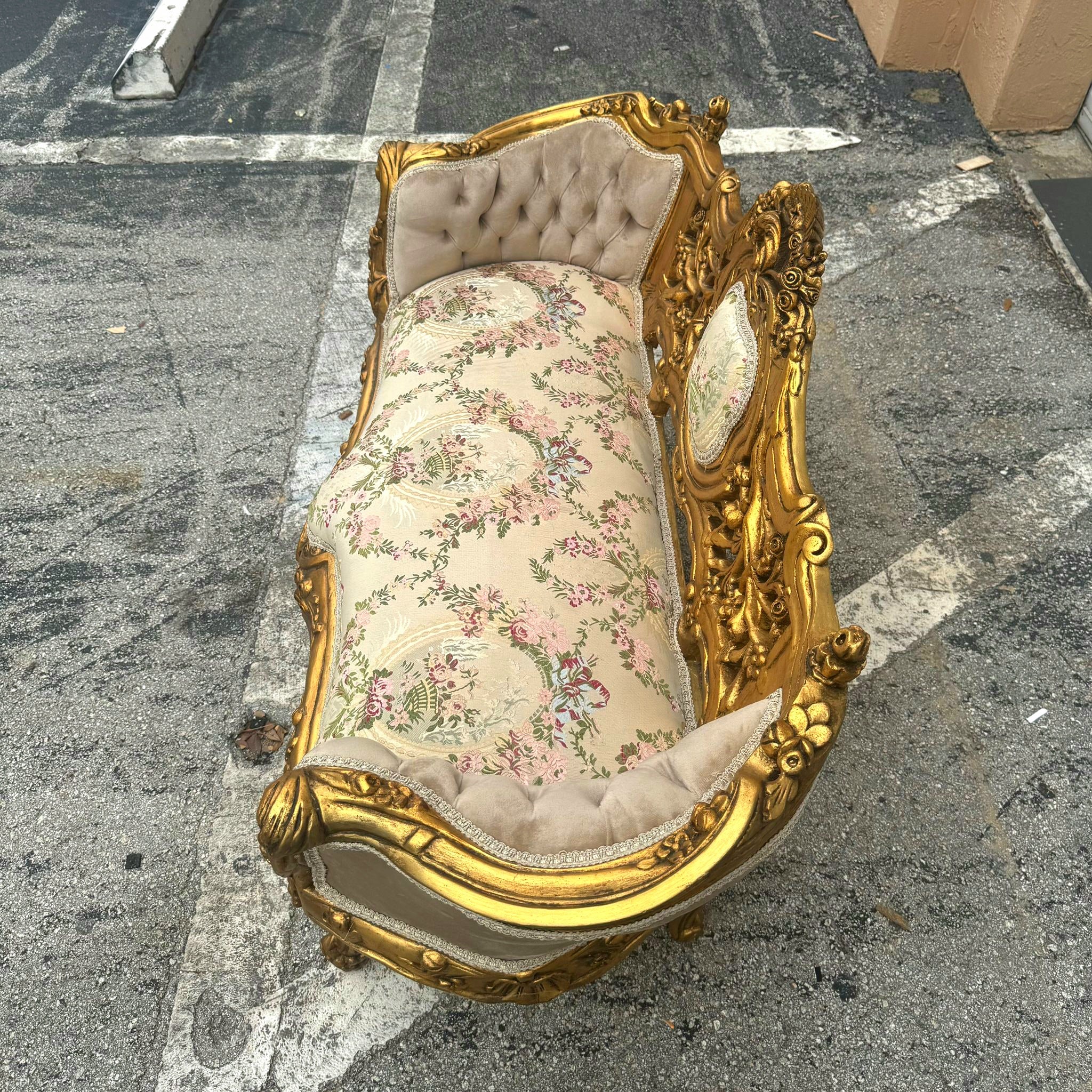 French Style Settee/Sofa Gold Leaf Details Damask Fabric