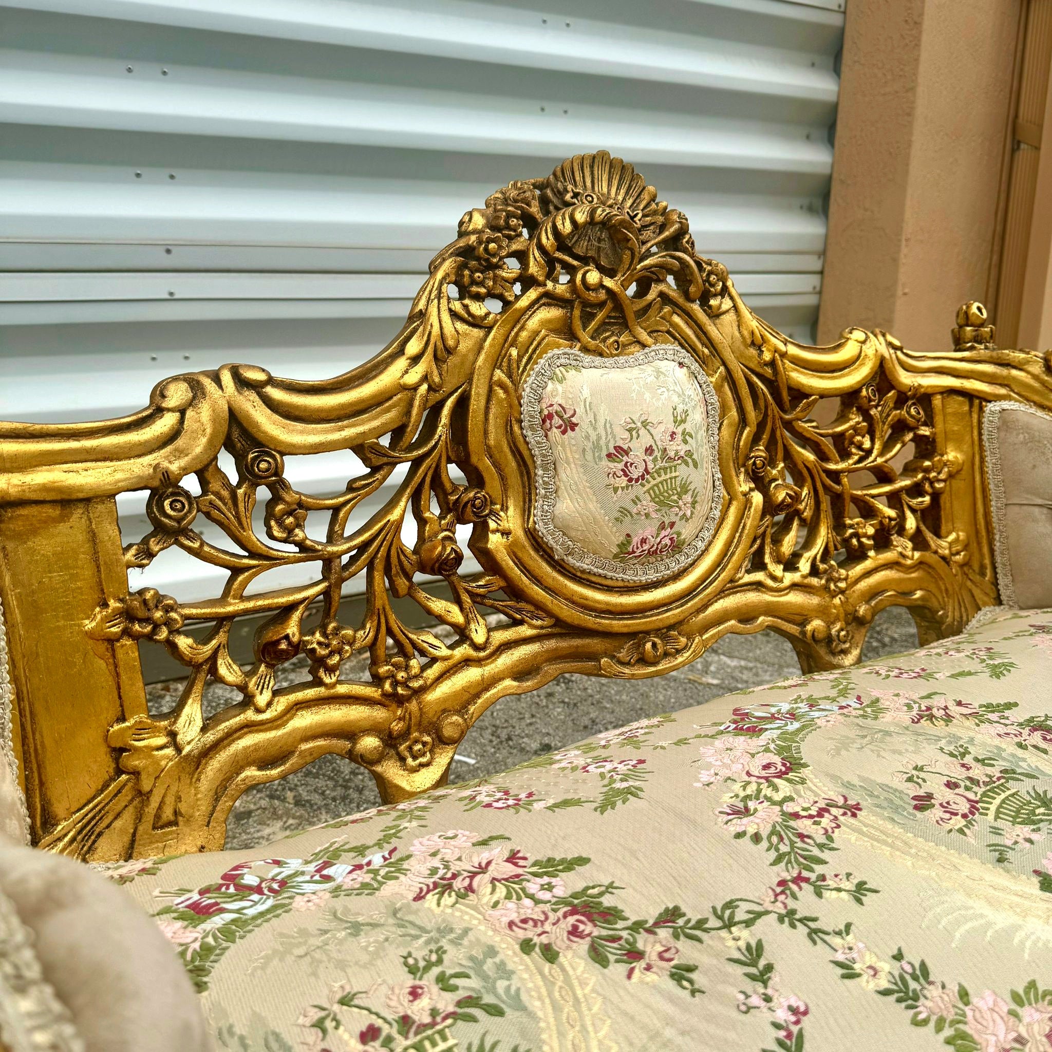 French Style Settee/Sofa Gold Leaf Details Damask Fabric