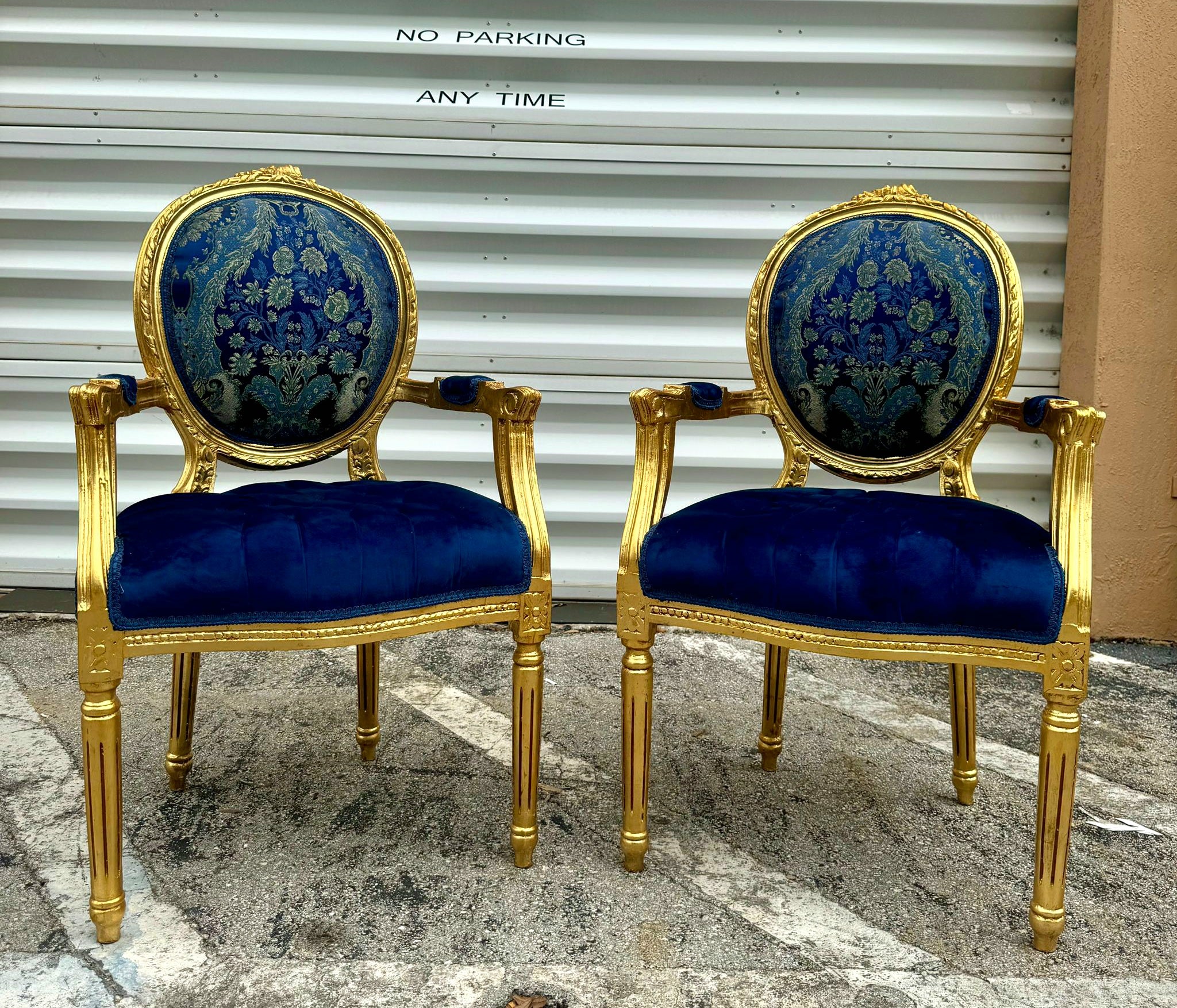 French Style Blue Velvet Chair with Gold Details Rococo Baroque