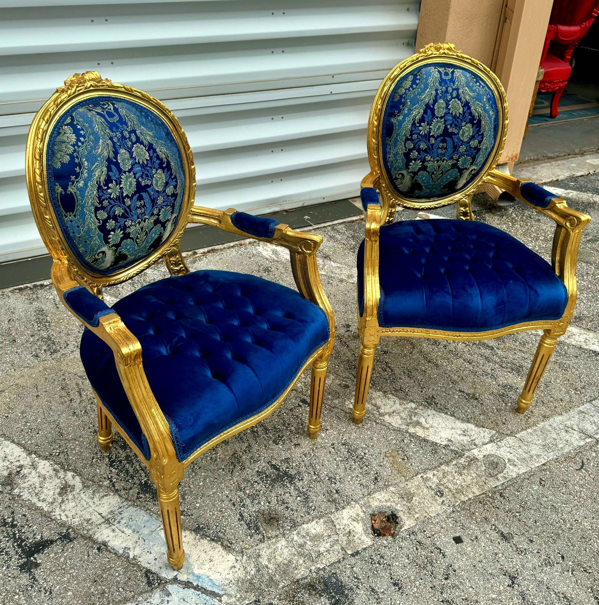 French Style Blue Velvet Chair with Gold Details Rococo Baroque