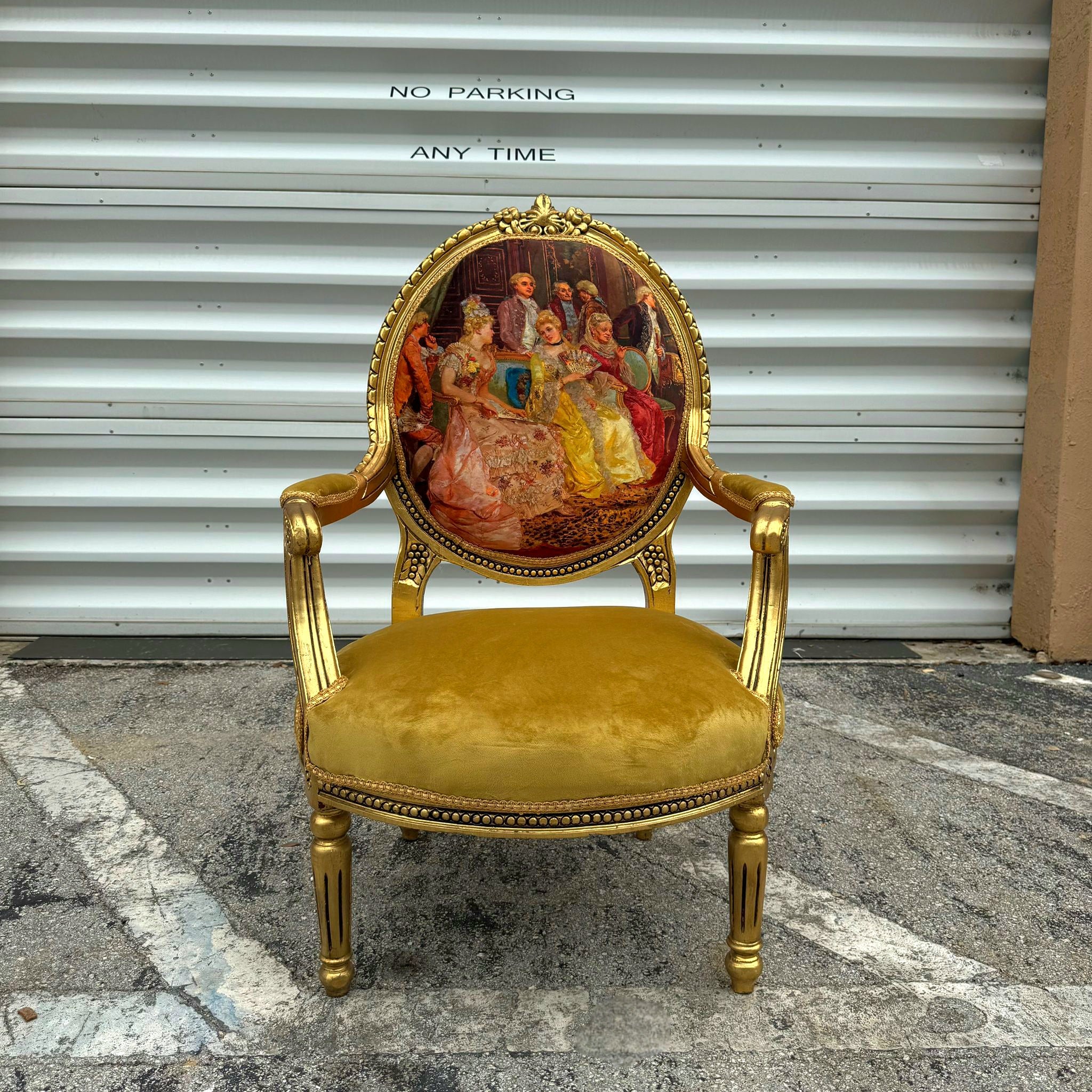 Mustard Velvet Chair with Gold Leaf Details French Style Rococo Baroque