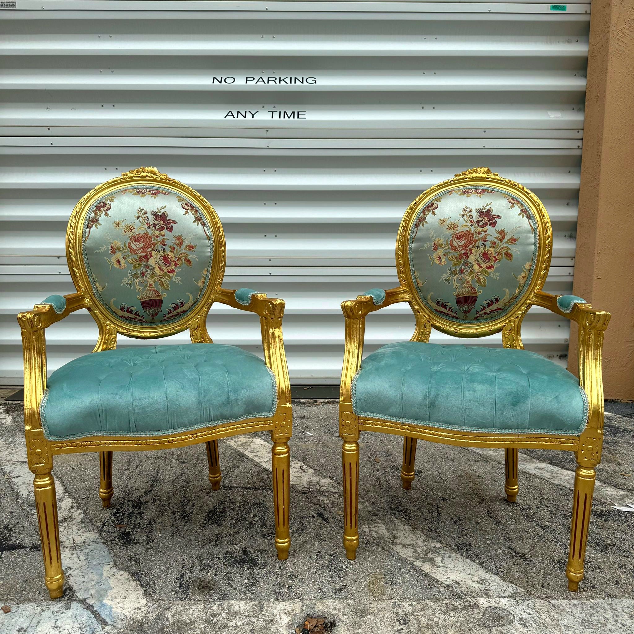 French Style Sky Blue Velvet Chair with Gold Details Rococo Baroque