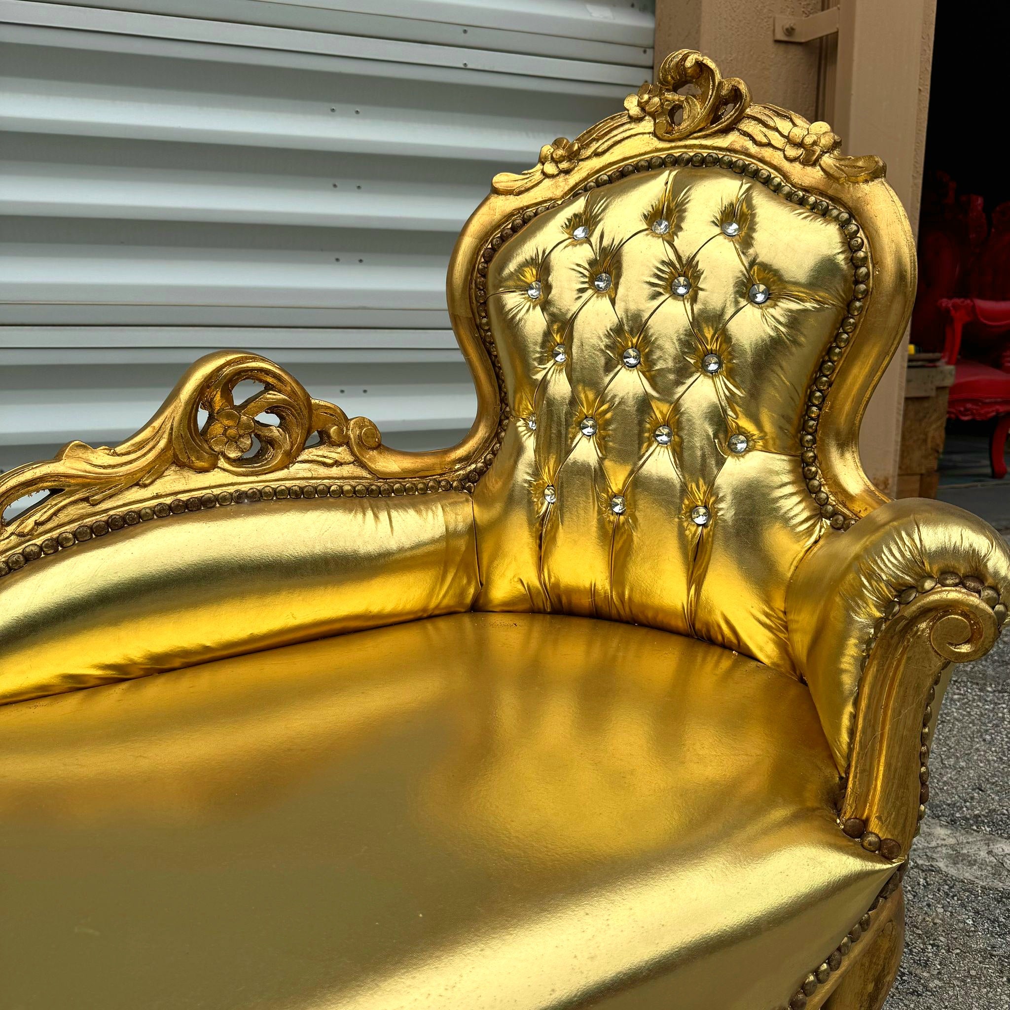 Gold Leather Chaise Lounge Furniture Rococo Style with Gold Leaf Details