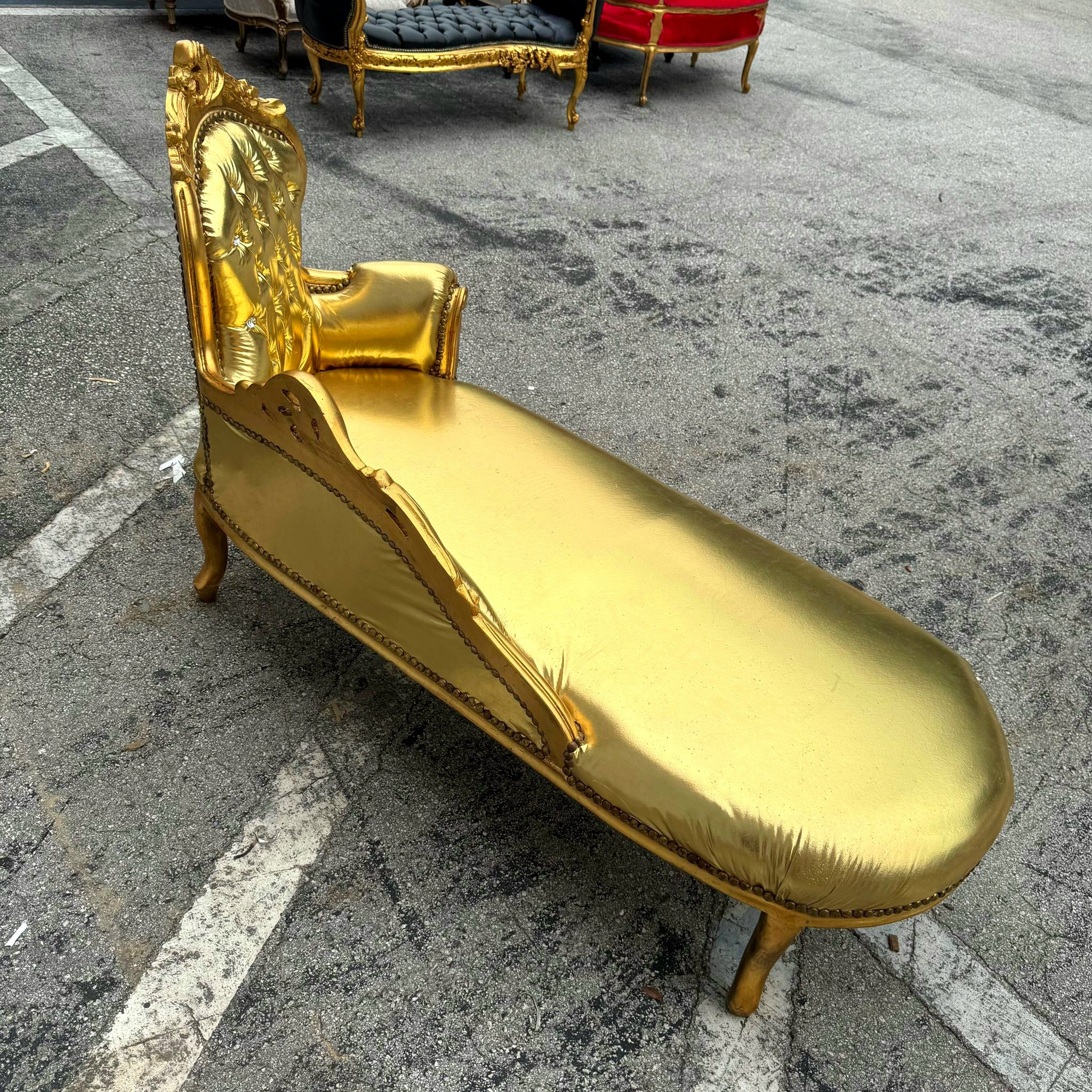 Gold Leather Chaise Lounge Furniture Rococo Style with Gold Leaf Details