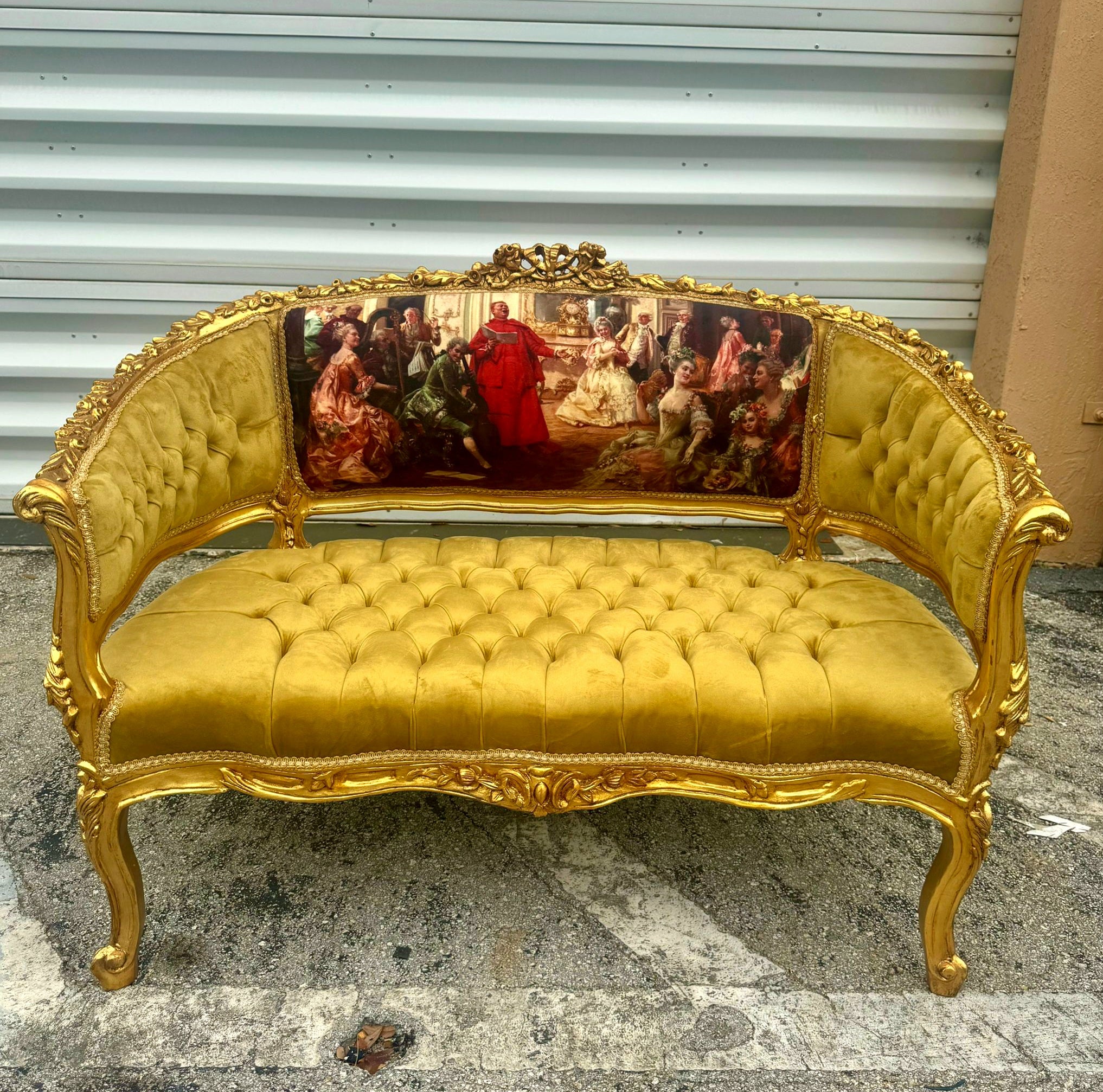 Antique Marquis French Tufted Settee Mustard Velvet French Style