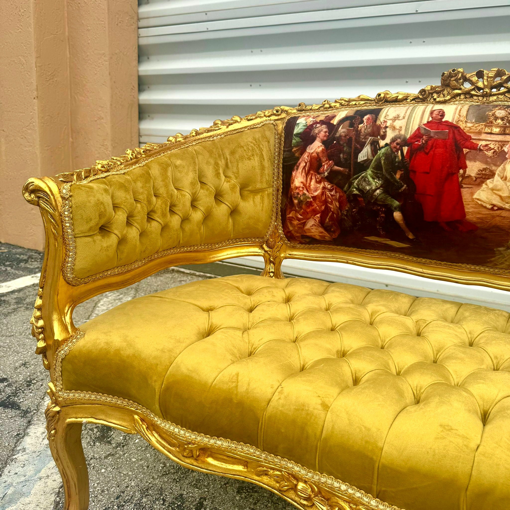 Antique Marquis French Tufted Settee Mustard Velvet French Style
