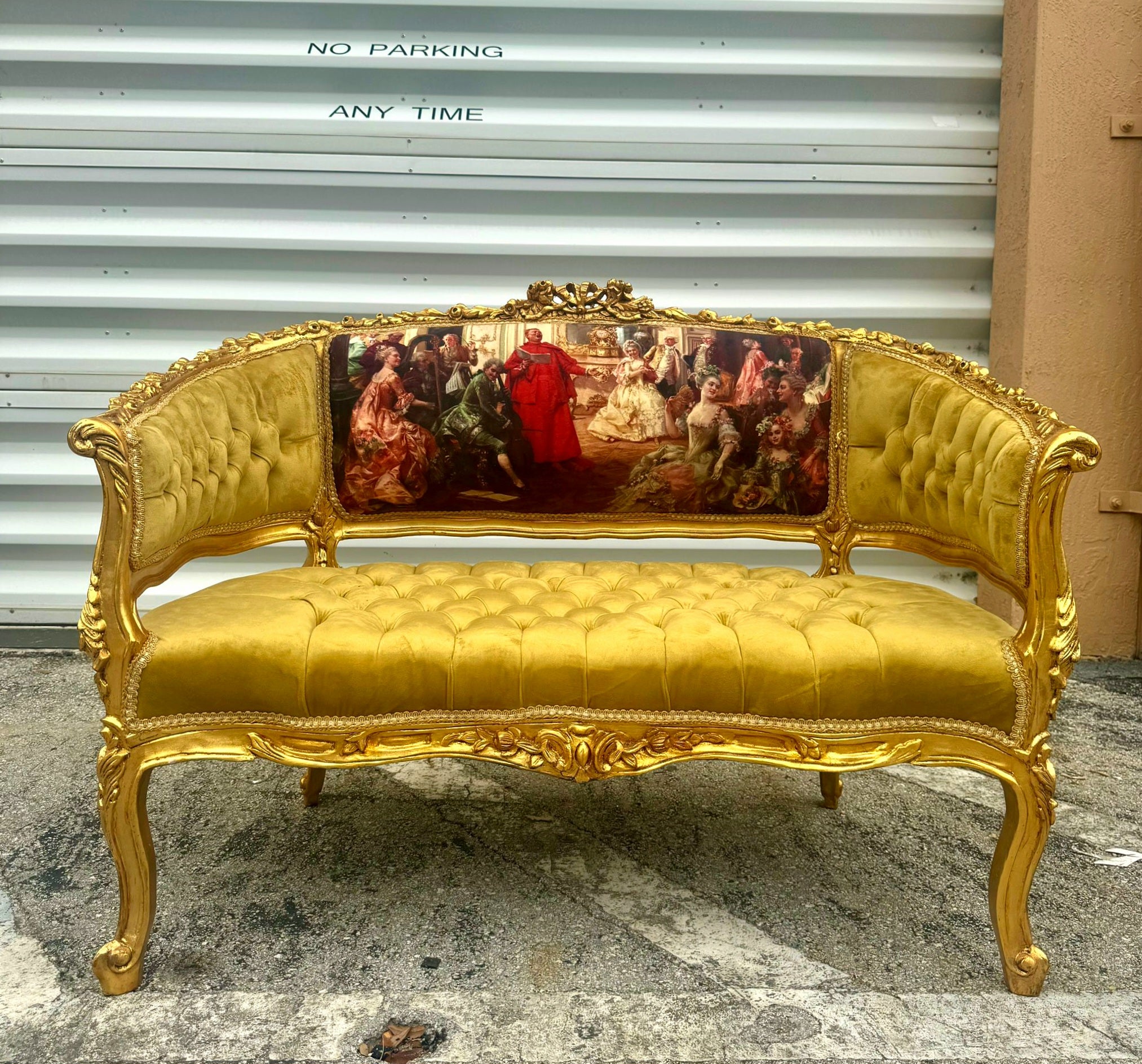 Antique Marquis French Tufted Settee Mustard Velvet French Style