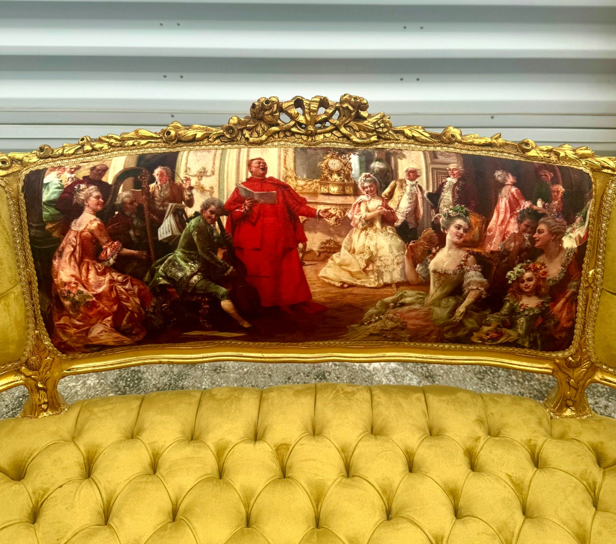 Antique Marquis French Tufted Settee Mustard Velvet French Style