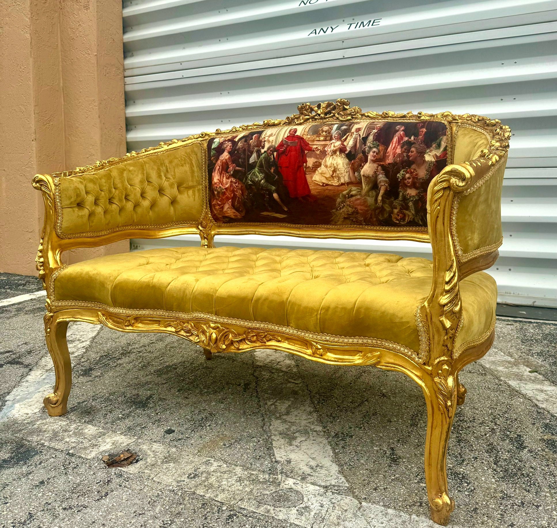 Antique Marquis French Tufted Settee Mustard Velvet French Style