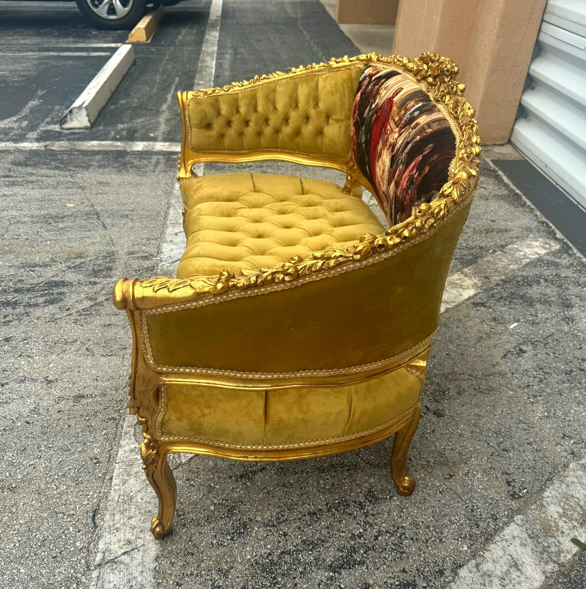 Antique Marquis French Tufted Settee Mustard Velvet French Style