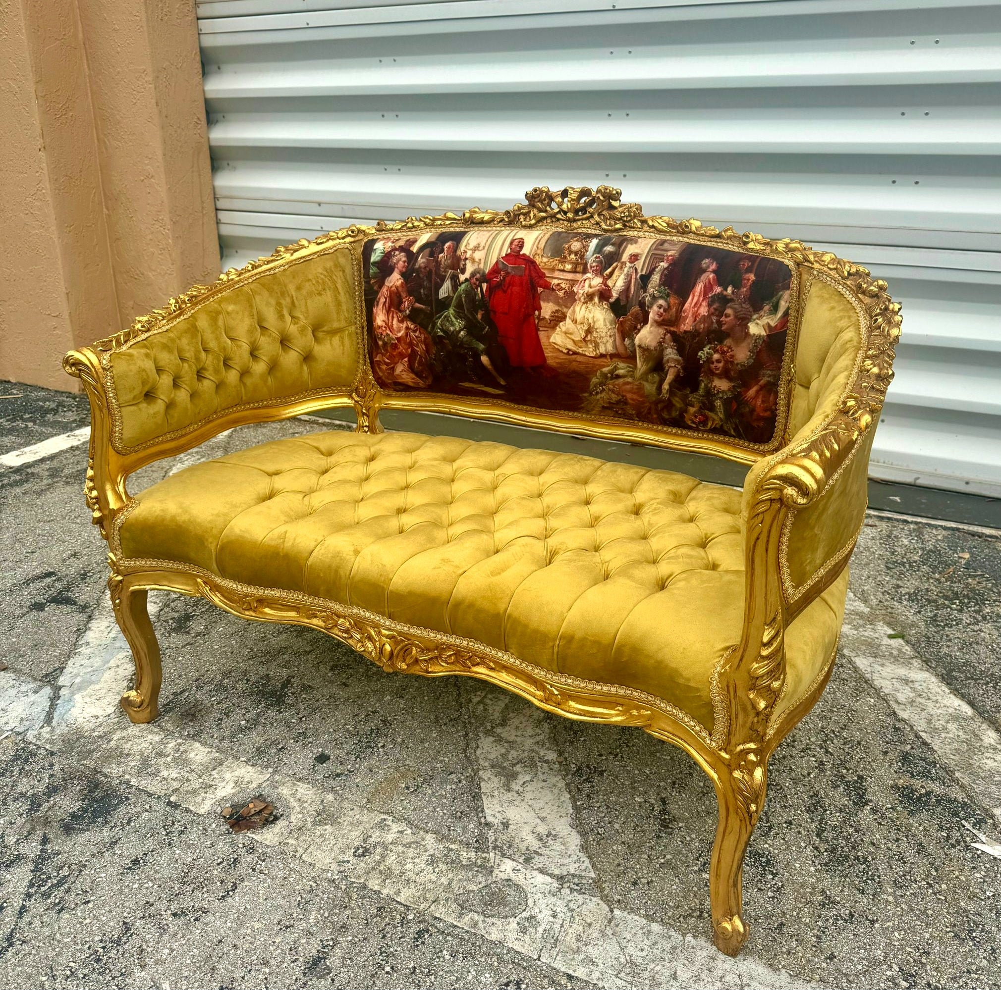 Antique Marquis French Tufted Settee Mustard Velvet French Style