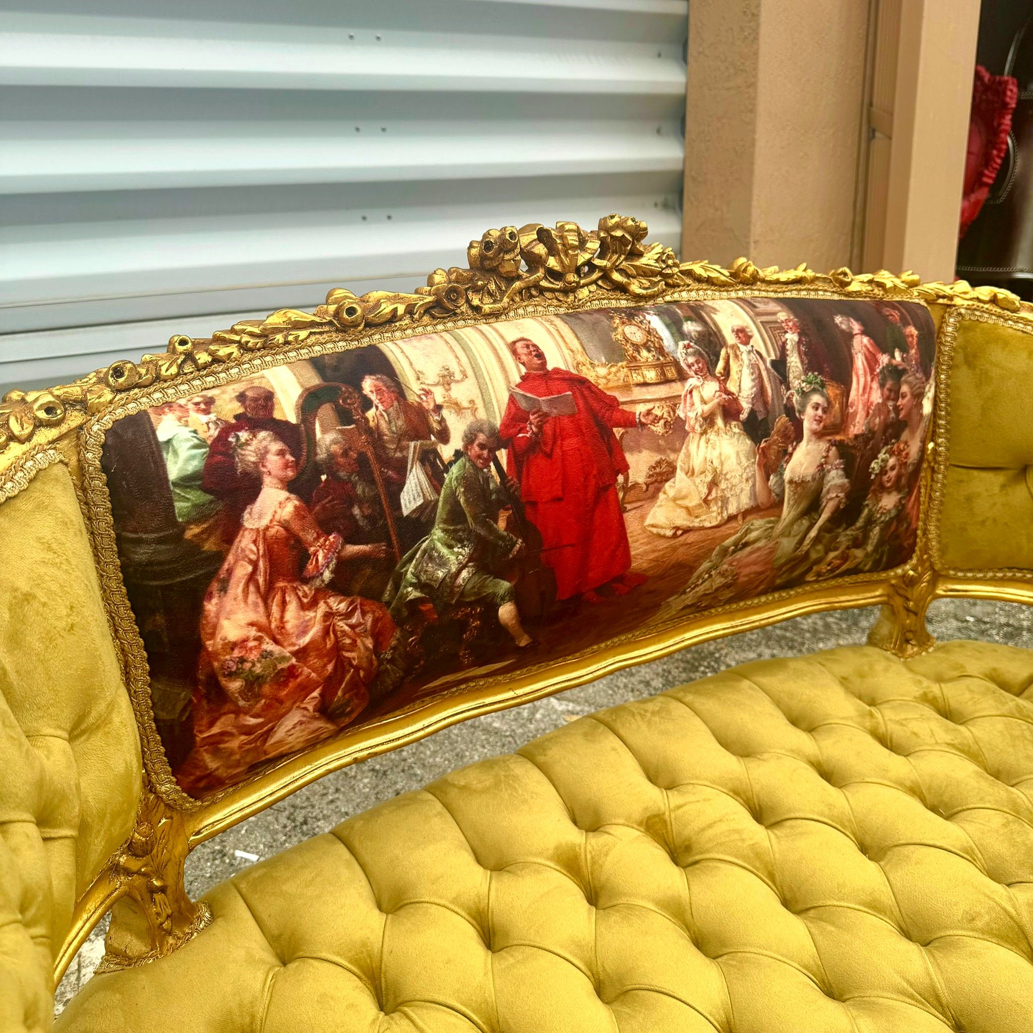 Antique Marquis French Tufted Settee Mustard Velvet French Style
