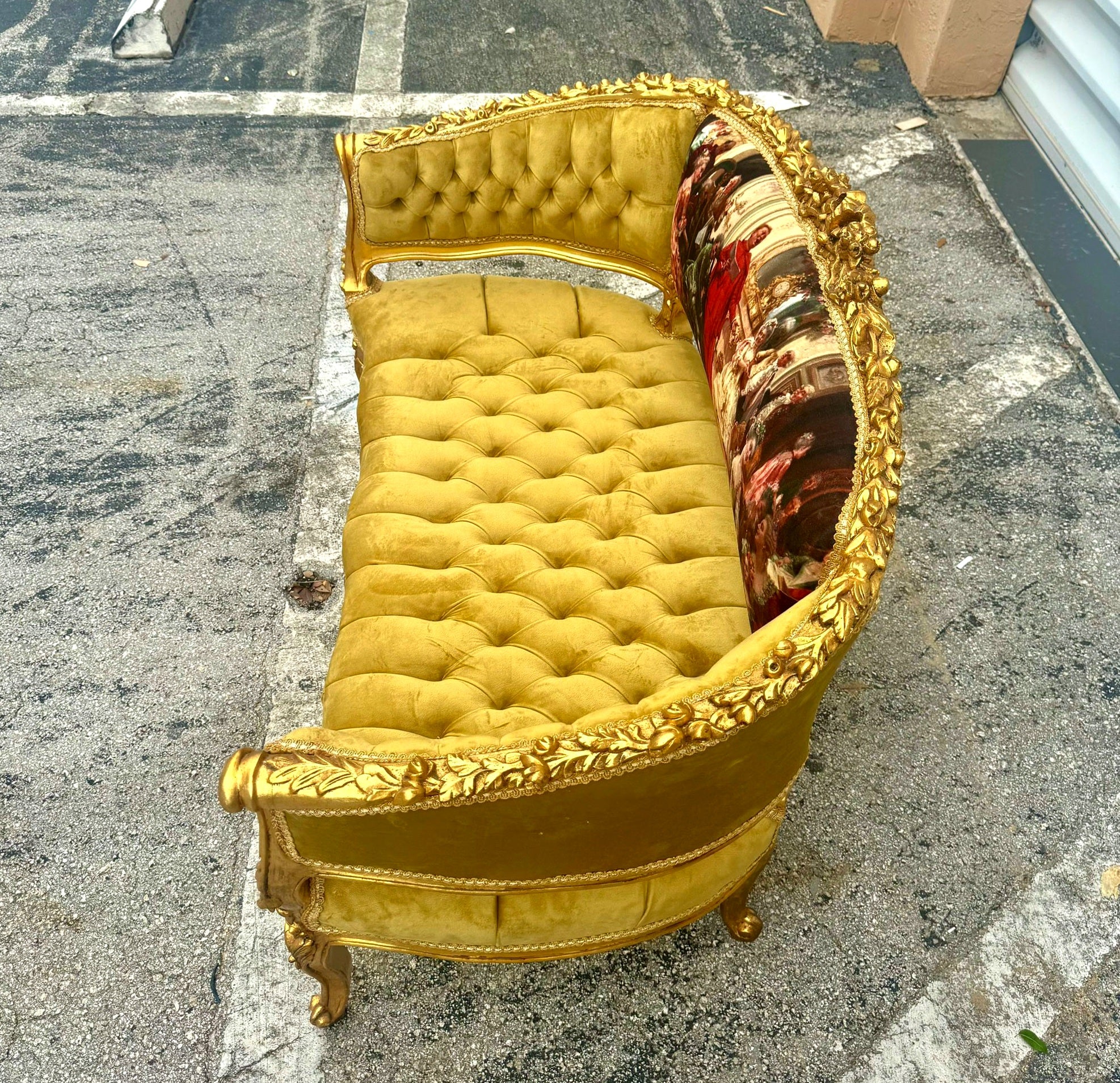 Antique Marquis French Tufted Settee Mustard Velvet French Style