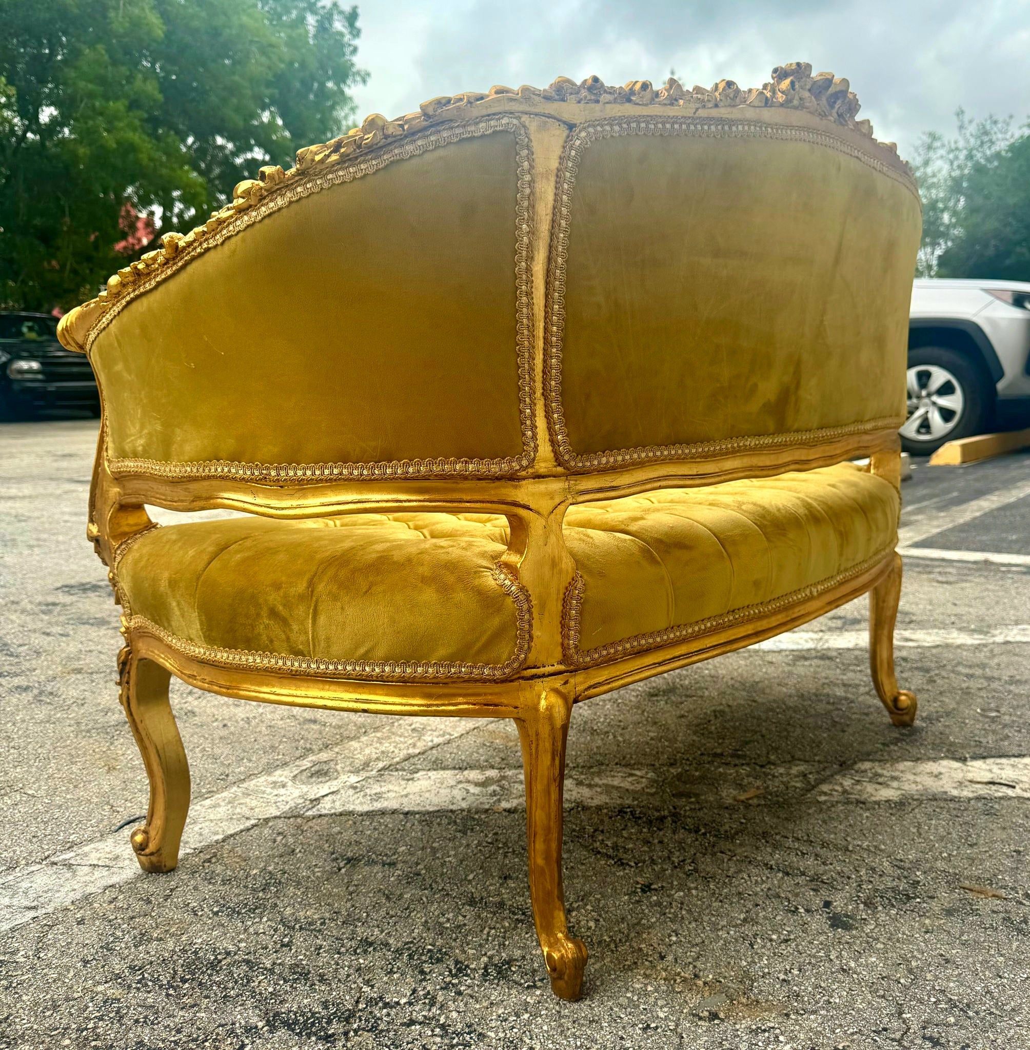 Antique Marquis French Tufted Settee Mustard Velvet French Style
