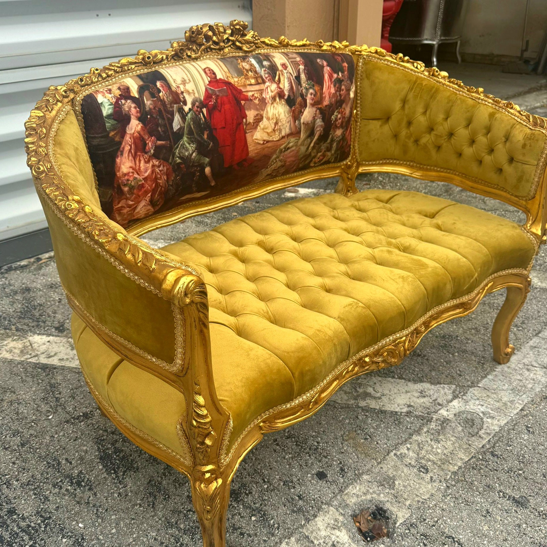 Antique Marquis French Tufted Settee Mustard Velvet French Style