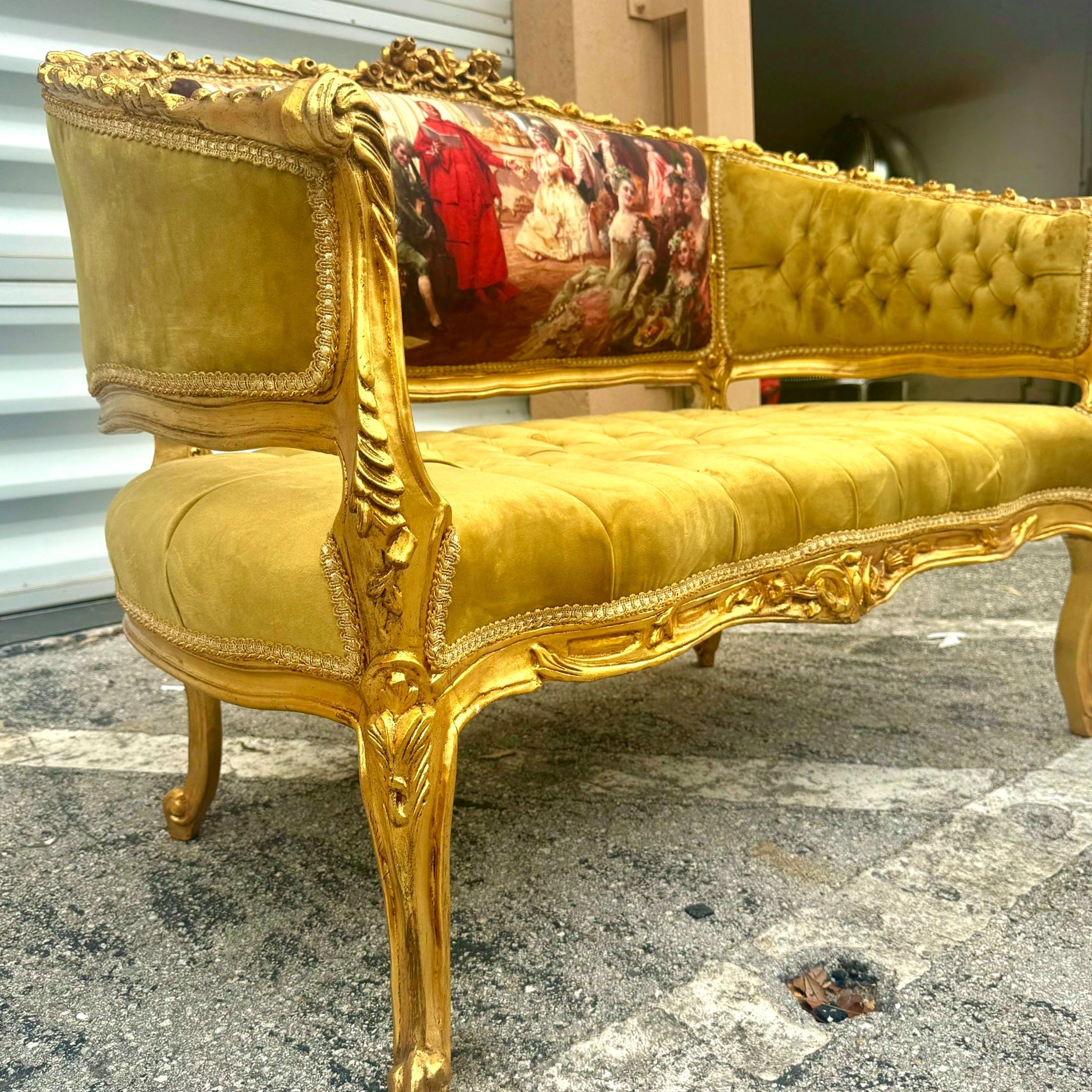 Antique Marquis French Tufted Settee Mustard Velvet French Style