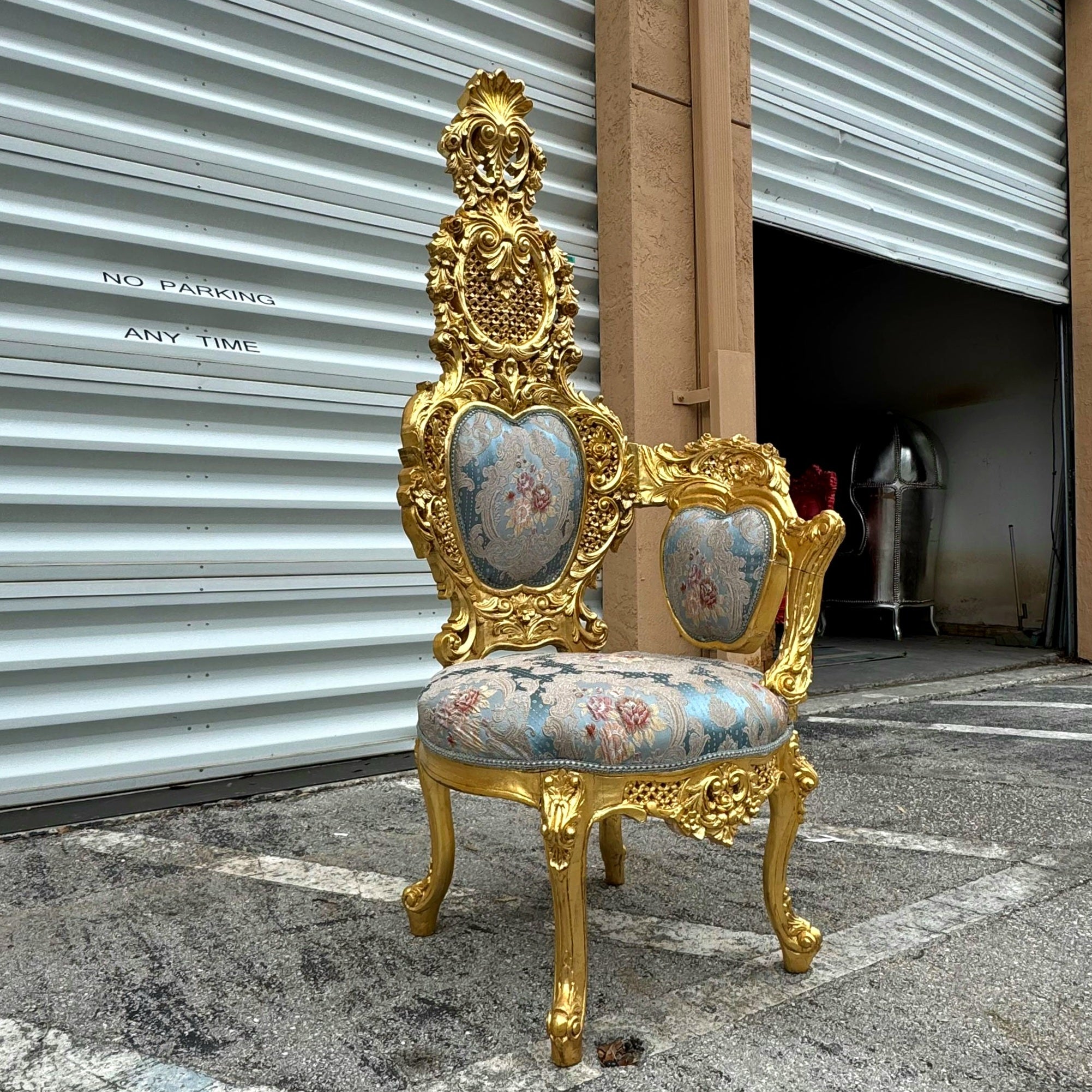 French Baroque Style Chair with Blue Damask Fabric and Gold Leaf Details