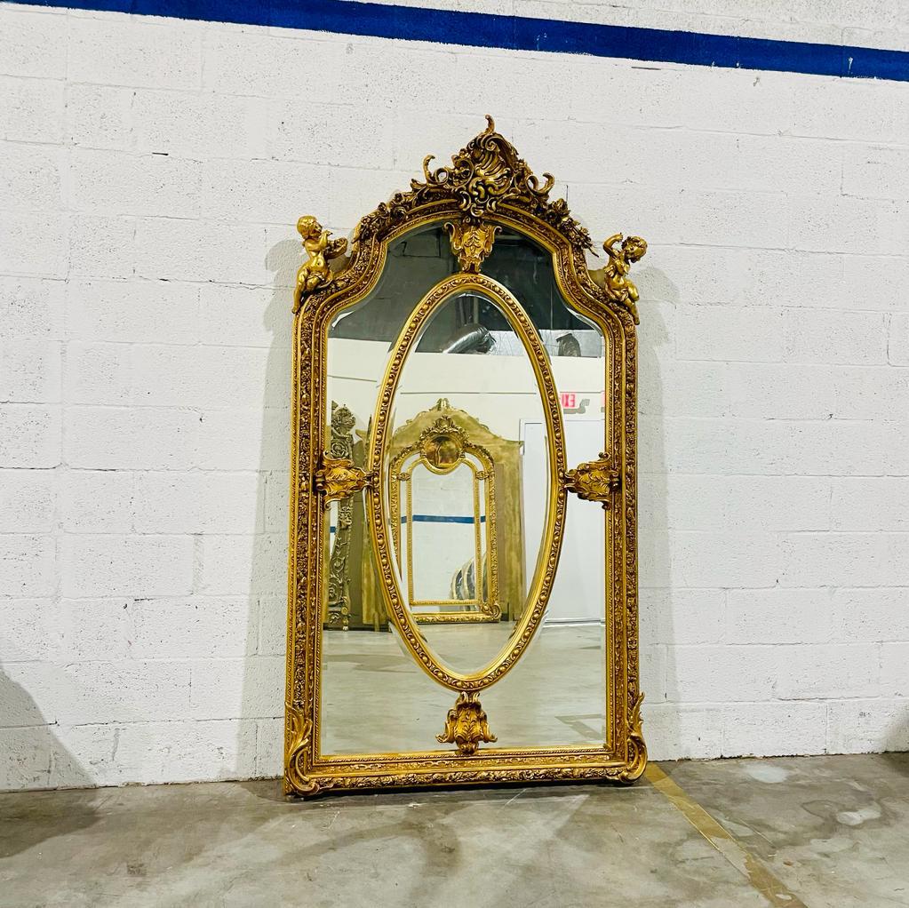 French Rococo Style Gold Floor Wall Mirror with Angels Details