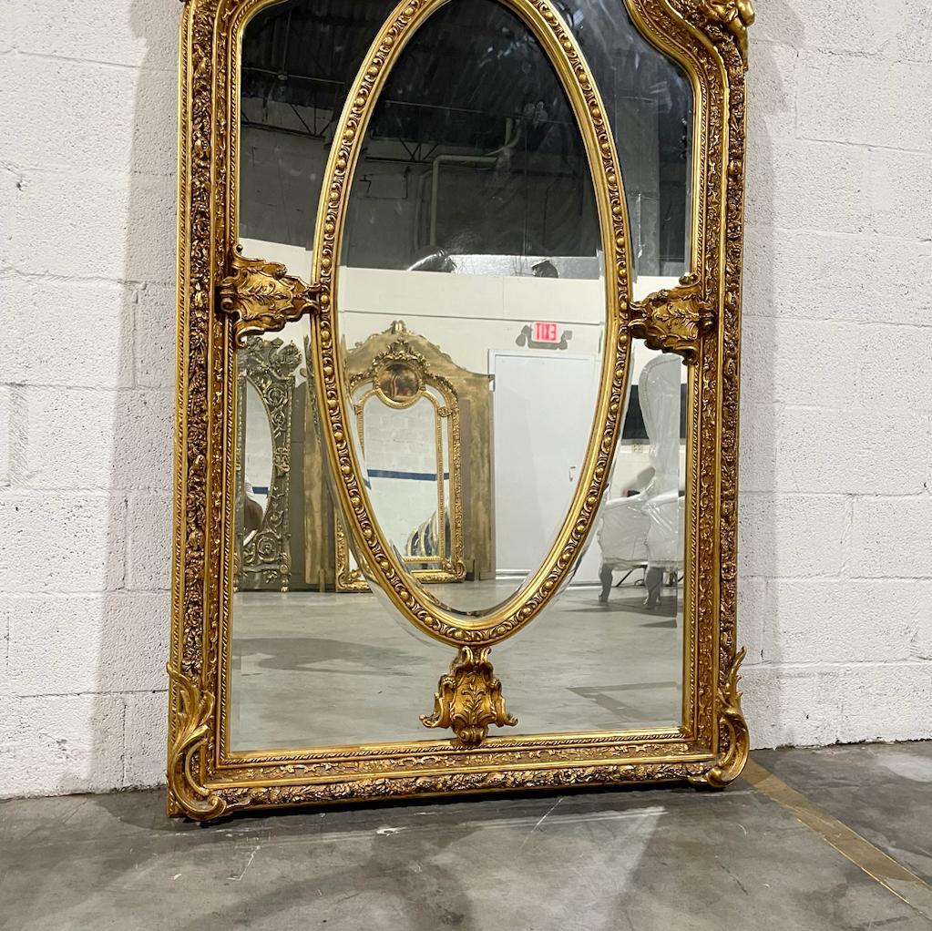 French Rococo Style Gold Floor Wall Mirror with Angels Details