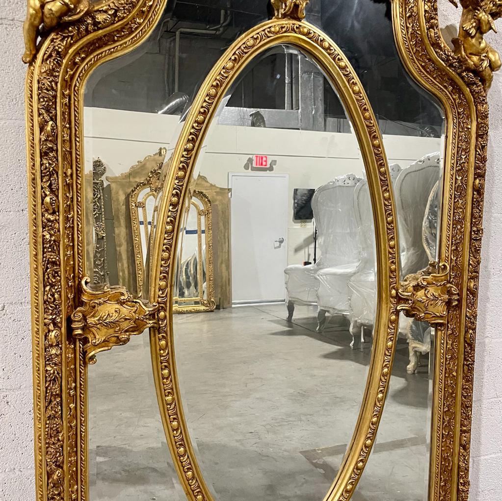 French Rococo Style Gold Floor Wall Mirror with Angels Details
