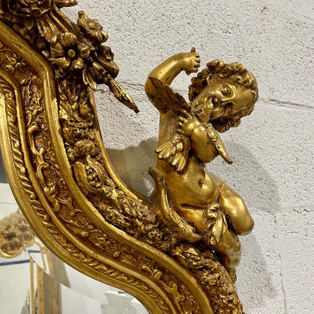 French Rococo Style Gold Floor Wall Mirror with Angels Details