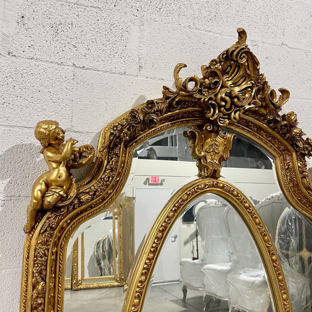 French Rococo Style Gold Floor Wall Mirror with Angels Details