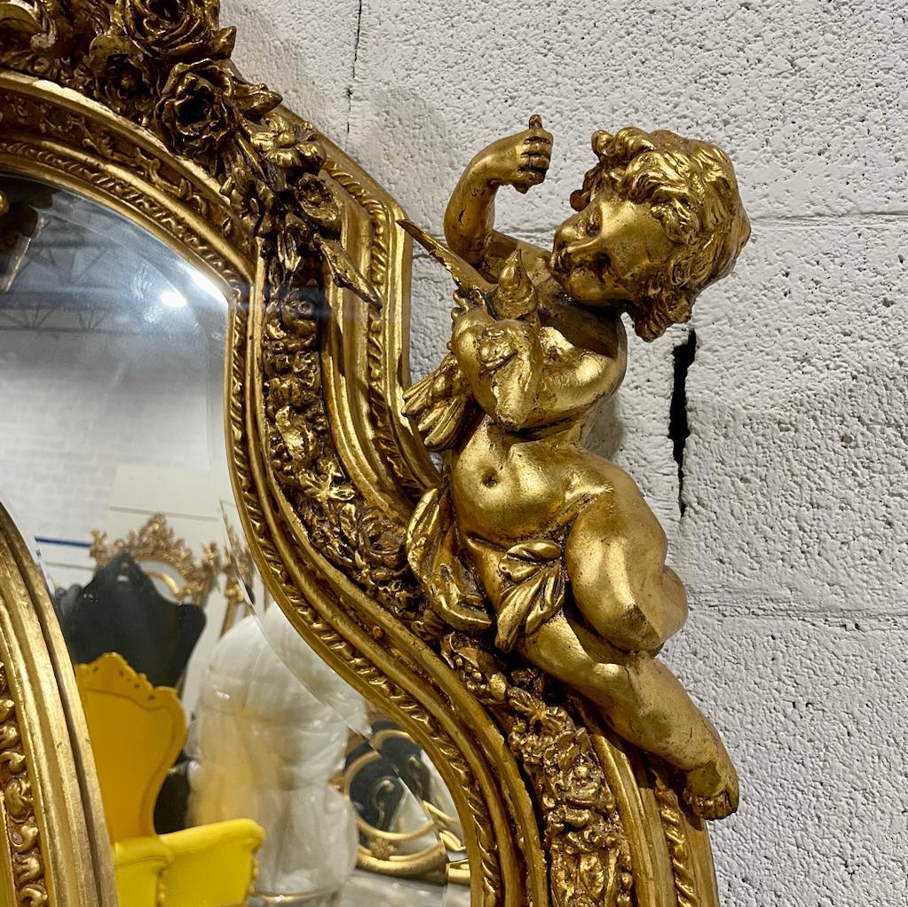 French Rococo Style Gold Floor Wall Mirror with Angels Details