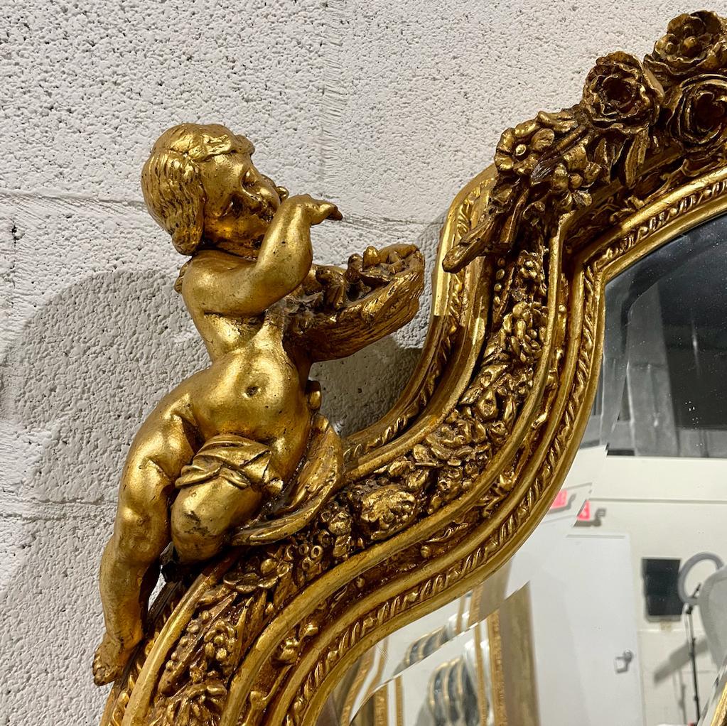 French Rococo Style Gold Floor Wall Mirror with Angels Details