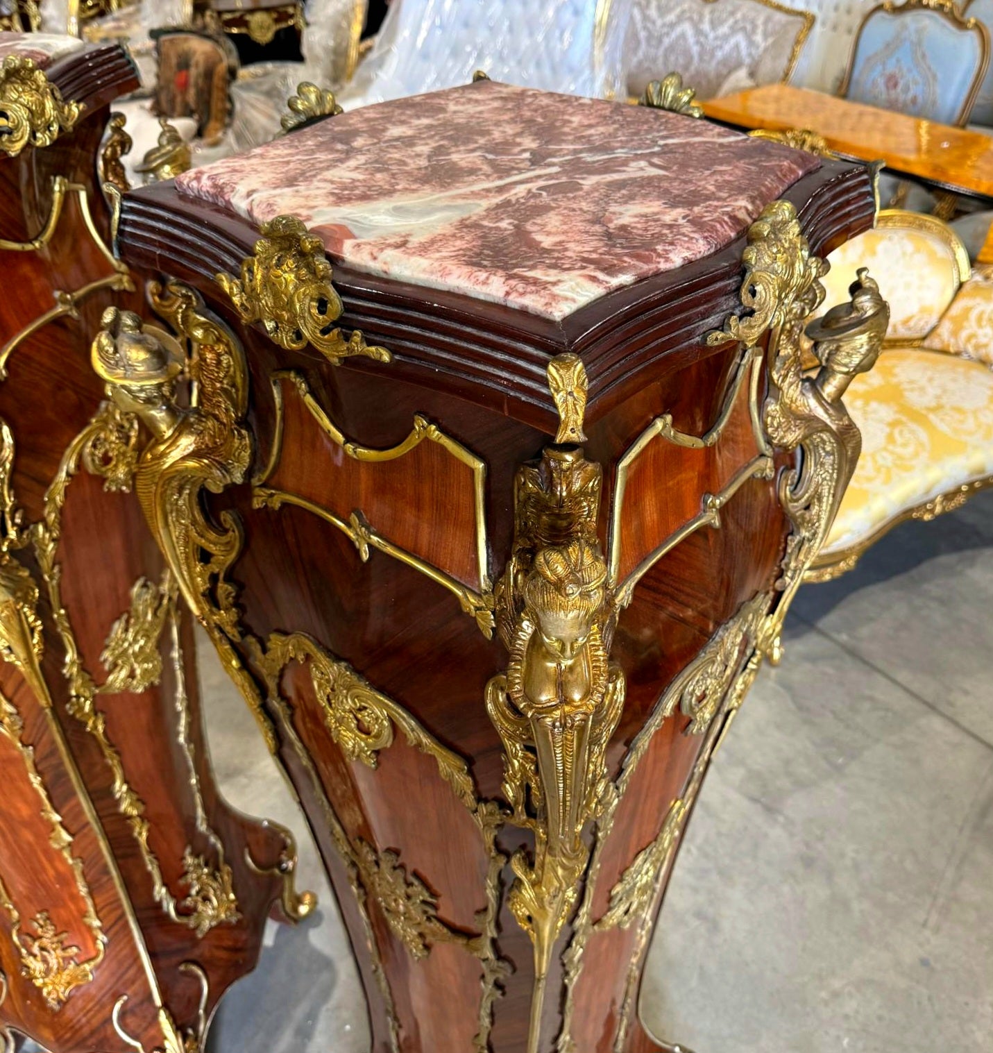 French Rococo Style Pedestal Column Timeless Marble Topped
