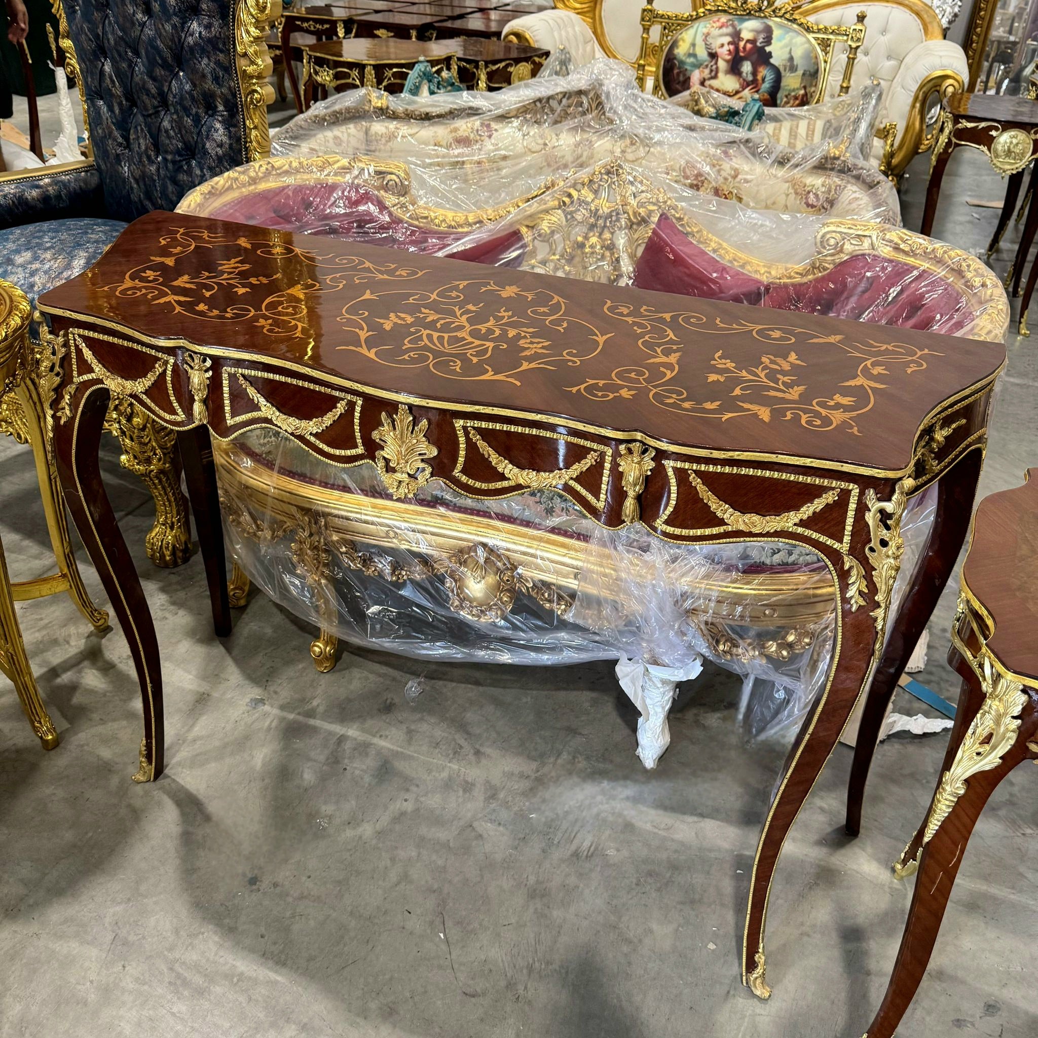 Handcrafted French Style Console Table / Desk - Brown Finish with Gold Leaf