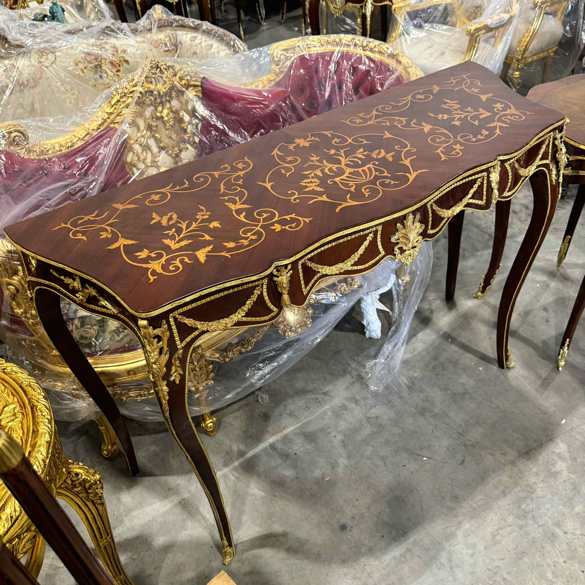 Handcrafted French Style Console Table / Desk - Brown Finish with Gold Leaf